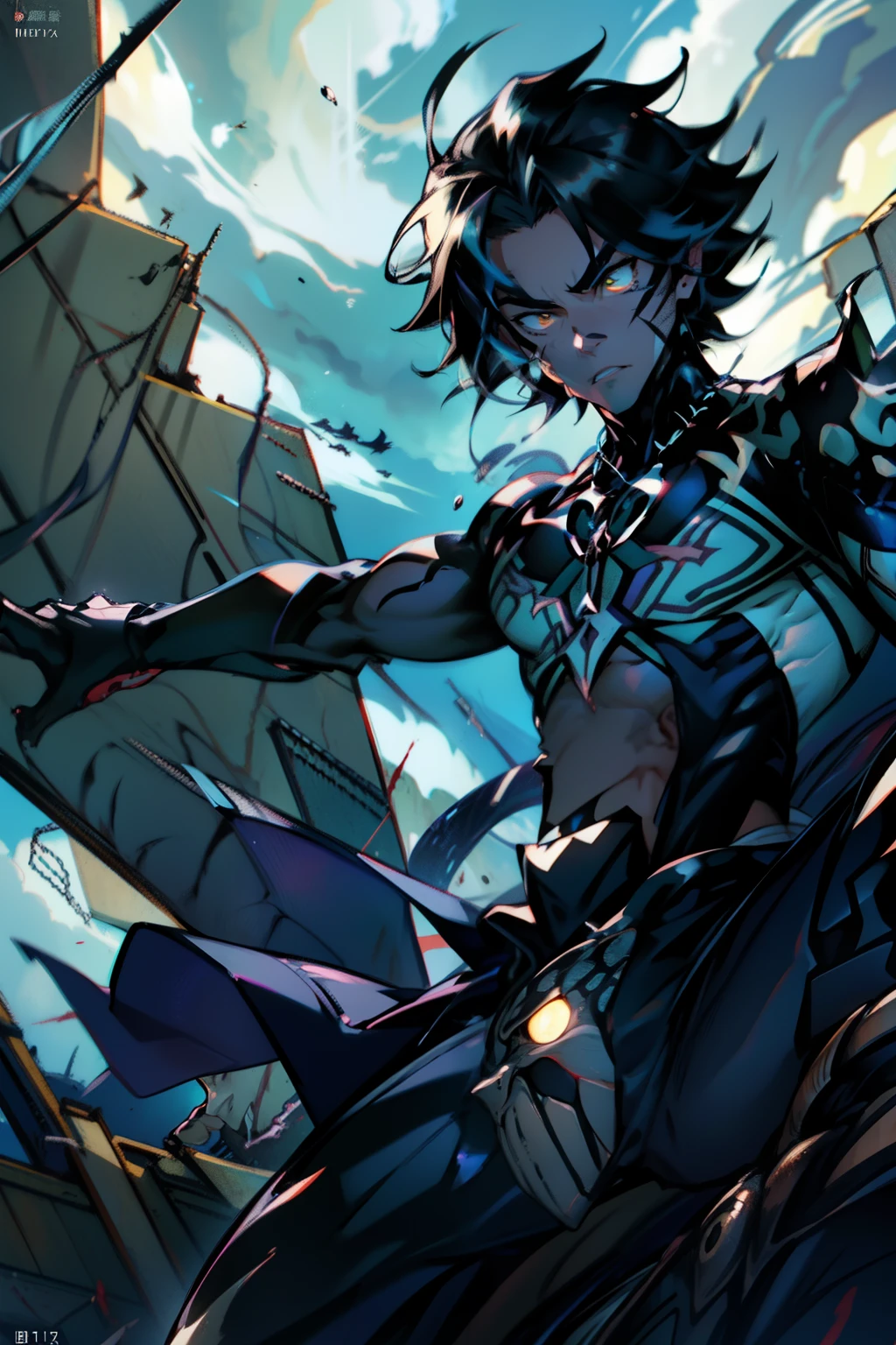 《the original god》Arataki Kazuto , male people, chest muscle, Sexy , Venom symbiote for your body, Black mucus of the body , into venom, venomize,Black bodysuit,(Cloak),Red cape,Abs,(Adult male)((Venom possession,venom symbiote)),over-Tortoise Man,Battle damage,((Masterpiece)), ((Best quality)), Ultra detailed,((illustration)), Dynamic Angle, Detailed light, (Delicate eyes), Floating, 1boy, Male focus, Head, Clothing, Yellow eyes, necklace, tattoo, (Forehead:0.8), (ahoge:0.8), jewelry, brunette color hair,apathy,Ray, chest muscle, Sexy , Venom symbiote for your body, Black mucus of the body , (into venom), Venom,frontage,Bust photo,White tight-fitting top,spiderman outfit,style of anime4 K, 4K anime wallpaper, Badass anime 8 K, 4 k comic wallpaper, young anime man, Anime boys, Anime wallpapers 4 k, Anime wallpaper 4K, High quality anime art style, Anime moe art style, Anime art wallpaper 8 K, Anime art wallpaper 4 K, RGB lighting,