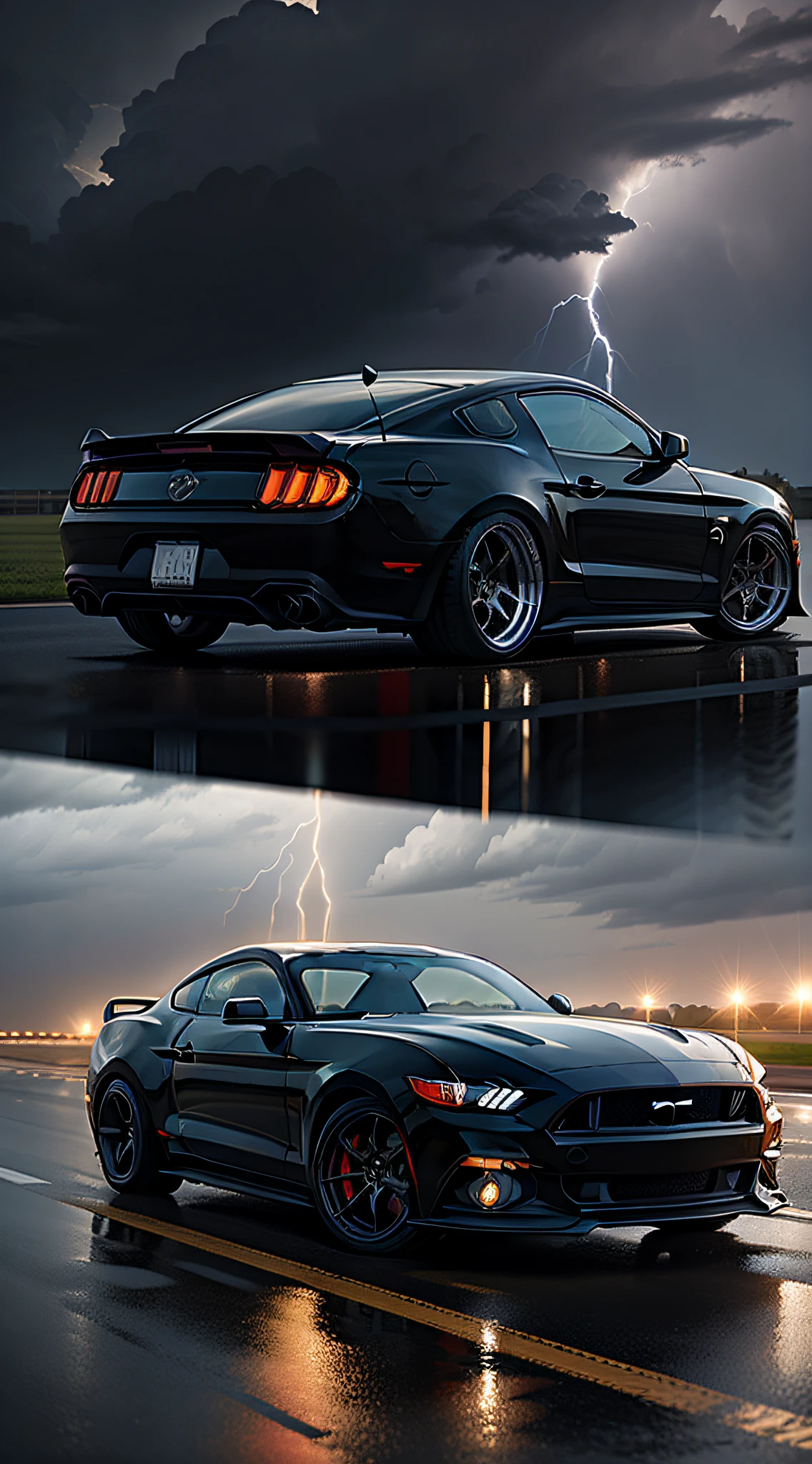 black mustang on highway dark clouds raining lightning strikes ultra detailed