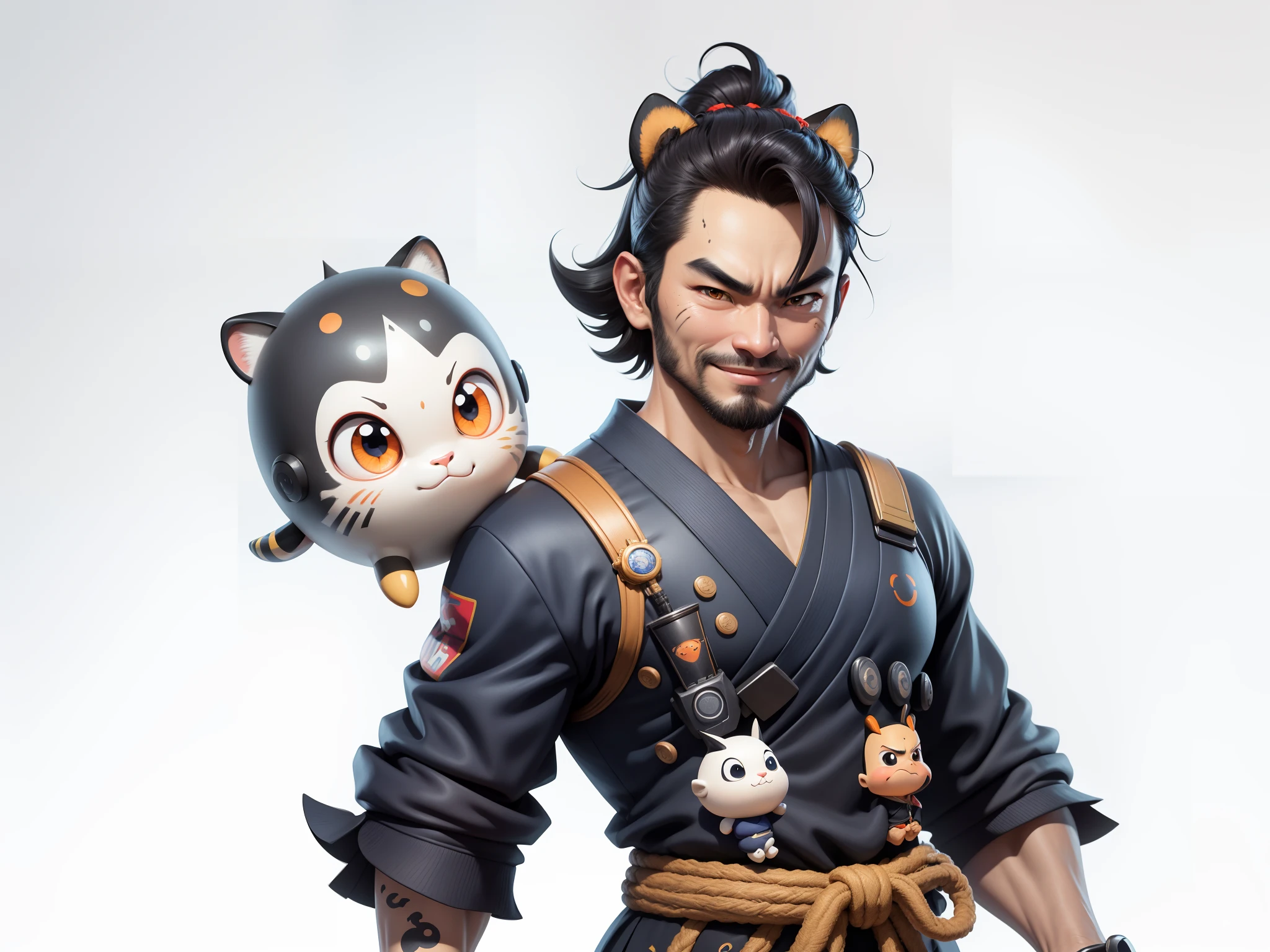 (Daisaku),(Need),(Super meticulous),(full bodyesbian:1.2),Super young man with Japanese geisha，Beautiful，orient，one tiger，Aeolian Thor，Raised ????，爆乳，Oriental face，TV Anchor，Bust portrait illustration，In black suit，a blue tie，The face is slightly chubby，The face was clean，without a beard，Black super short hair，Black eyes，Smile confidently，3C computer sub-products，iPad， iphone，Digital painting，3D character design by Mark Clairen and Pixar and Hayao Miyazaki and Akira Toriyama，The illustration is a high-definition illustration in 4K resolution，With very detailed facial features and cartoon-style visuals。