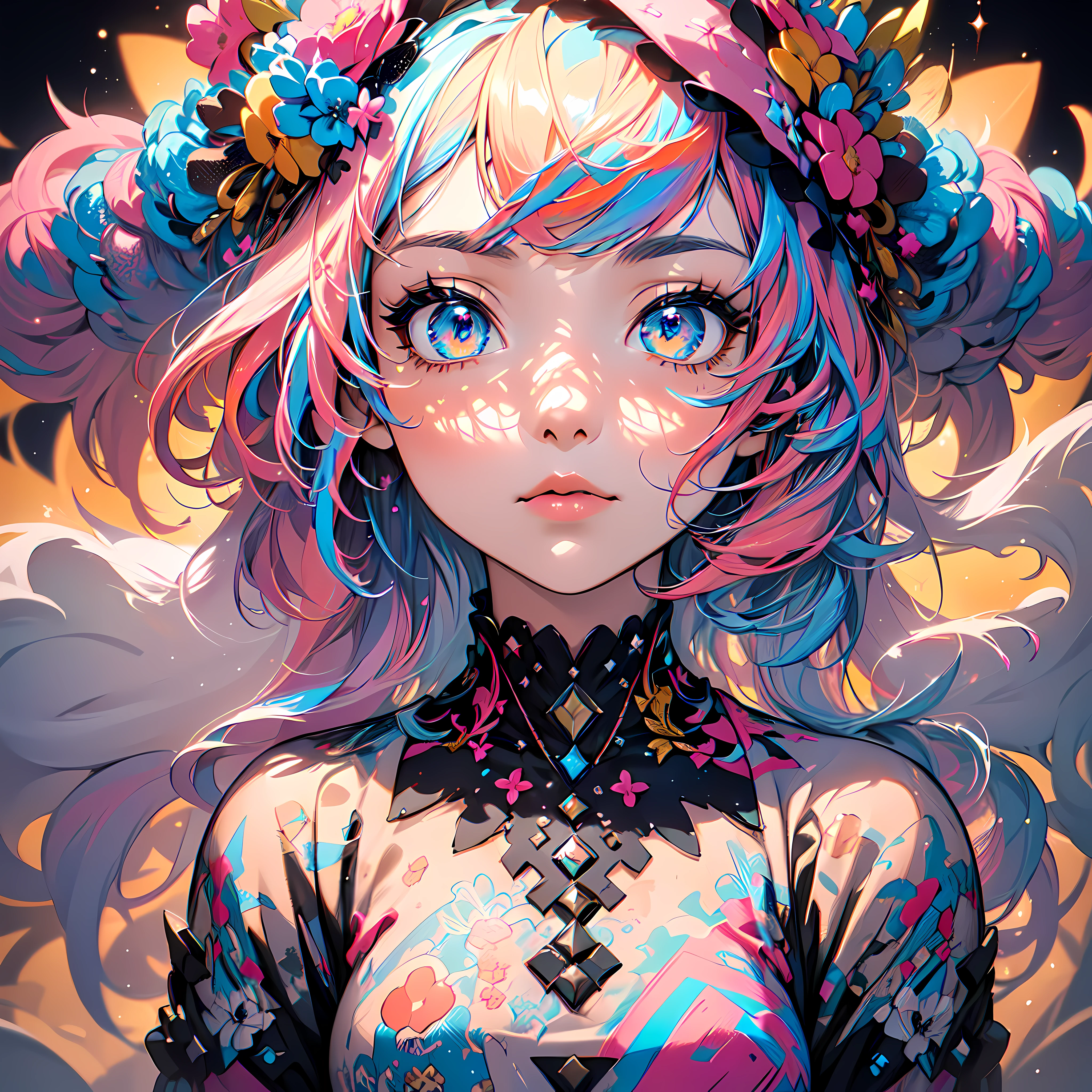 (flowercrown),(1girl in, Solo:1.6),(Best Impact:1.5), (maximalism:1.7),Vivid contrast, (Realistic), hyperrealistic illustrations, hight resolution, ultra-detailliert, absurderes,(Fractal Art:1.3)、Random hairstyle、Random hair color colorful、Iridescent eyes、FULL BODYSHOT、Retro、Precise focus、randome pose、cinema4d、Dramatic