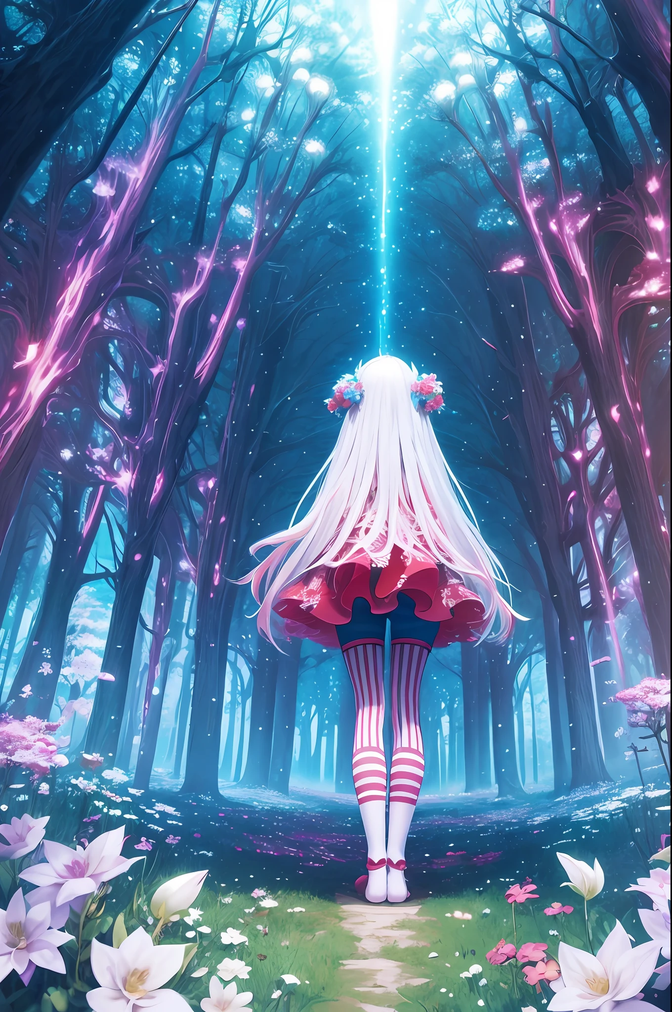 (Fractal art:1.3), Abstract art, Mysterious fantasy,fantasy, (Light theme:1.2), Outdoors,Fluffy socks, forest, White background, Crimson aesthetic, (Glowing red:0.8), (Sad, glomy, Frustrating:0.6), 1girll, hair adornments, Flowers,Blue socks, Striped leggings, standing, From below, thighs focus,