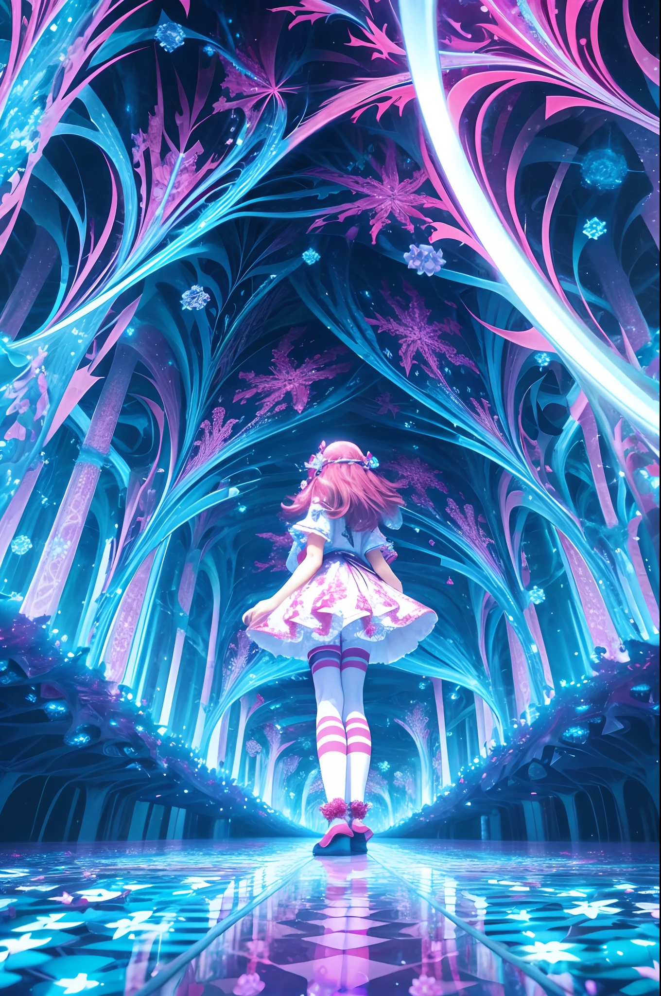 (Fractal art:1.3), Abstract art, Mysterious fantasy,fantasy, (Light theme:1.2), Outdoors,Fluffy socks, forest, White background, Crimson aesthetic, (Glowing red:0.8), (Sad, glomy, Frustrating:0.6), 1girll, hair adornments, Flowers,Blue socks, Striped leggings, standing, From below, thighs focus,
