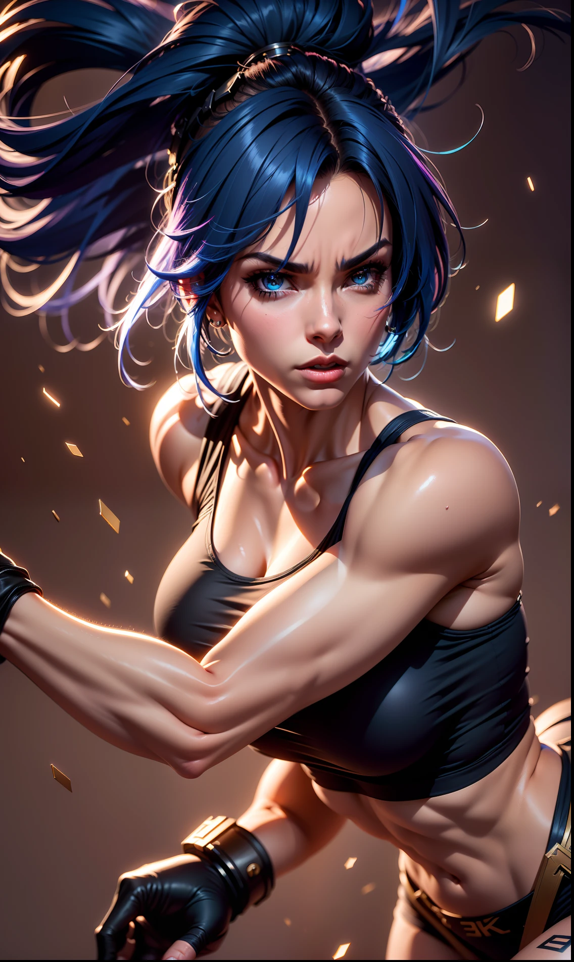 ((8k resolution)), ((character)), 1Girl, 20y.o, Leona King Of Fighter, Black Tank top, Blue hair, Big Boobs, Black Gloves, Realistic, Ultra detail