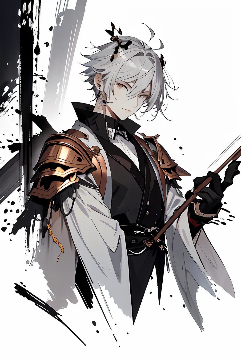 ,Ink sketch,(best qualtiy,tmasterpiece:1.3),Young men,
silber hair,Bright golden pupils,Silver short bob hair,Wearing an earring in the left ear,Hair combed back,floated hair,Black robes,The left hand is wearing black armor,A copper bell hangs from the waist,With a smile on your face,
(abstract ink splash:1.2) ,