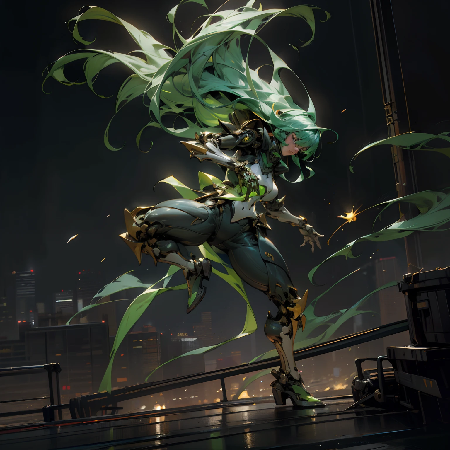 FULL BODY DRAMATIC ACTION POSE (neon green skeleton cyborg girl, holding a long green flaming kitana, long flying hair )REAL SKIN WRX62, REFLECTIVE SKIN MH66, VSGX62, REAL LIFE 5D PRO, NVDIA, AMD GRAPHICS, EPIC PORTRAIT, MOVIE STYLE DYNAMIC LIGHTING PRO, PERFECT DETAILED FACE, highly detailed, micro detail, intricate, 8K, hyper detailed, realistic render, unreal engine, hyperrealistic, lifelike, very coherent, fantasy, cinematic lighting, at night, epic composition, masterpiece, cinematic,