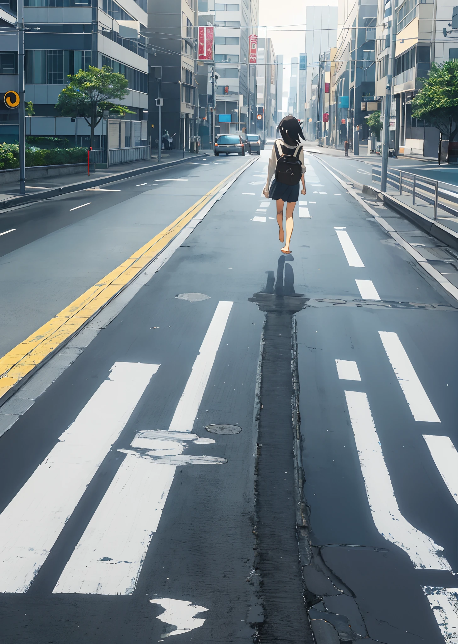 A cute girl,Walk barefoot on the road,Facing the screen。