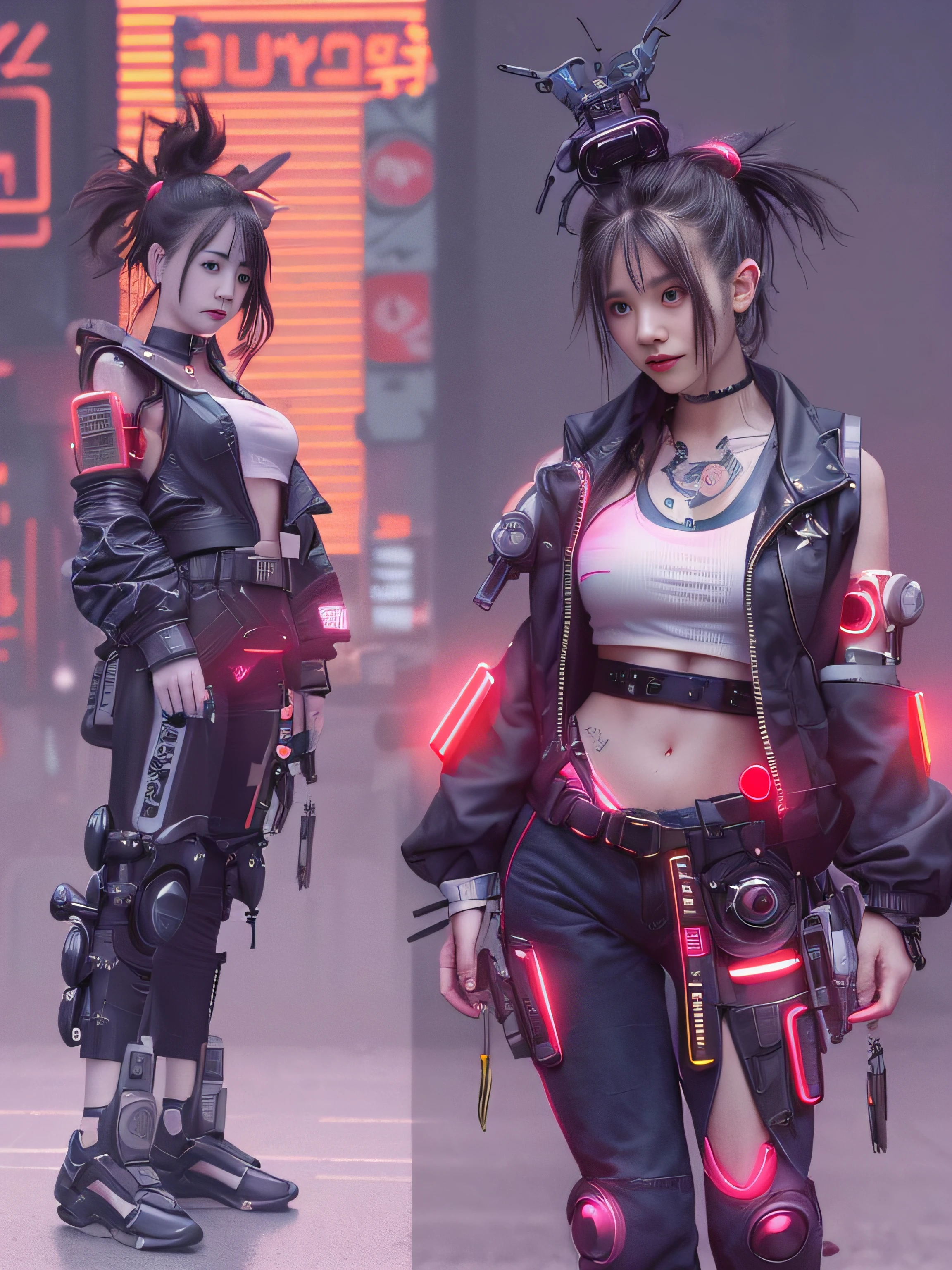 top-quality、​masterpiece、超A high resolution、(Photorealsitic:1.4)、Raw photo、Detailed CG image quality、cyberpunked、Beautiful fece、1girl in、Mechanical Hair Ornament、(loose tank top:1.2)、(Cyberpunk Fashion:1.3)、Tattoo of numbers on the chest、detailed portrait、8K picture quality、bright colour、concept-art、Cinematic and dramatic atmosphere、foco nítido、Volumetric lighting、Cinematographic lighting、Wearing studio quality、Colorful neon lighting、depth of fields、Ambient lighting、Blurred foreground、blurry backround:1.3、