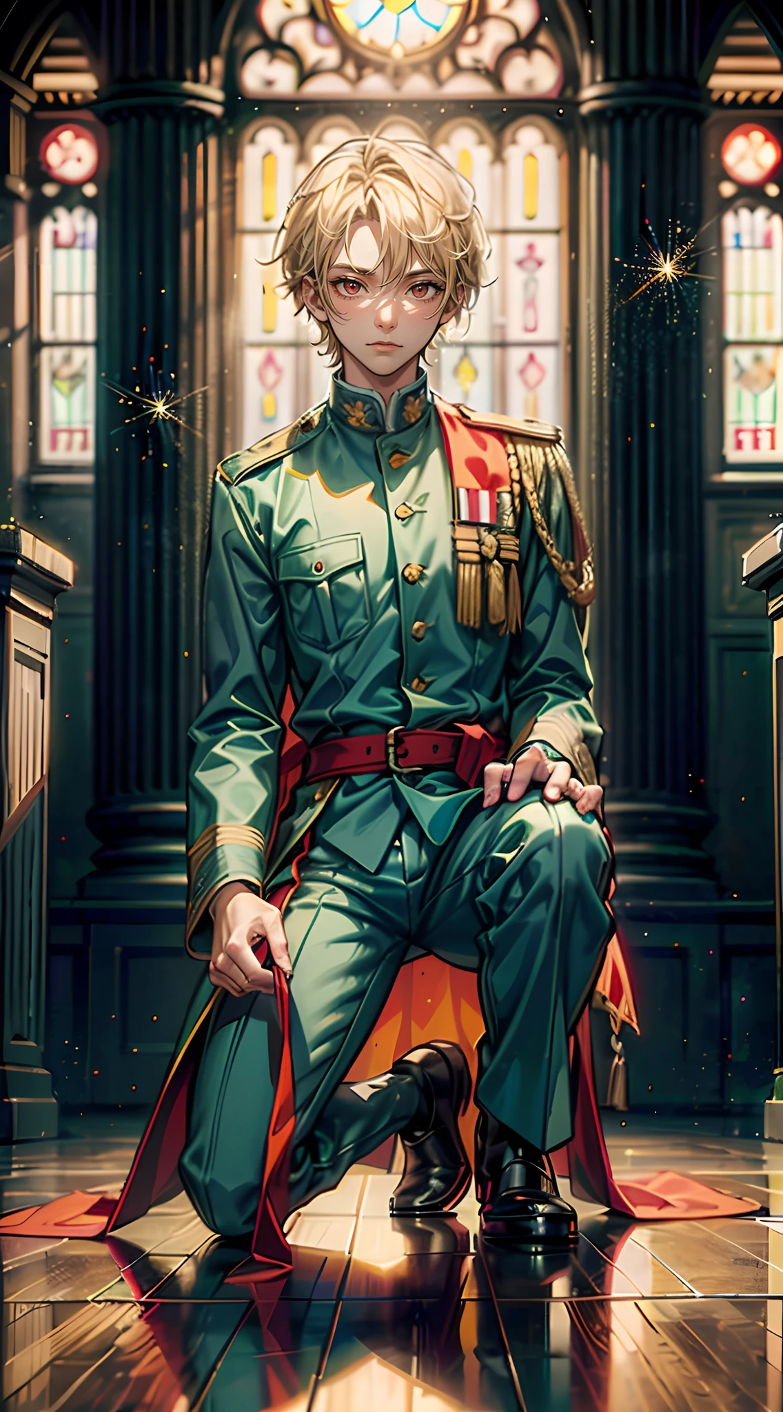 ((masutepiece: 1.4, Best Quality)), ((masutepiece, Best Quality)), 20-year-old boy with short blonde hair and red eyes in military uniform and pants, Delicate hair, Put one hand on your chest, (light Particle: 1.2), (Sunlight streaming through the window), Bright atmosphere, (Get down on one knee on the floor:1.3)、background is church