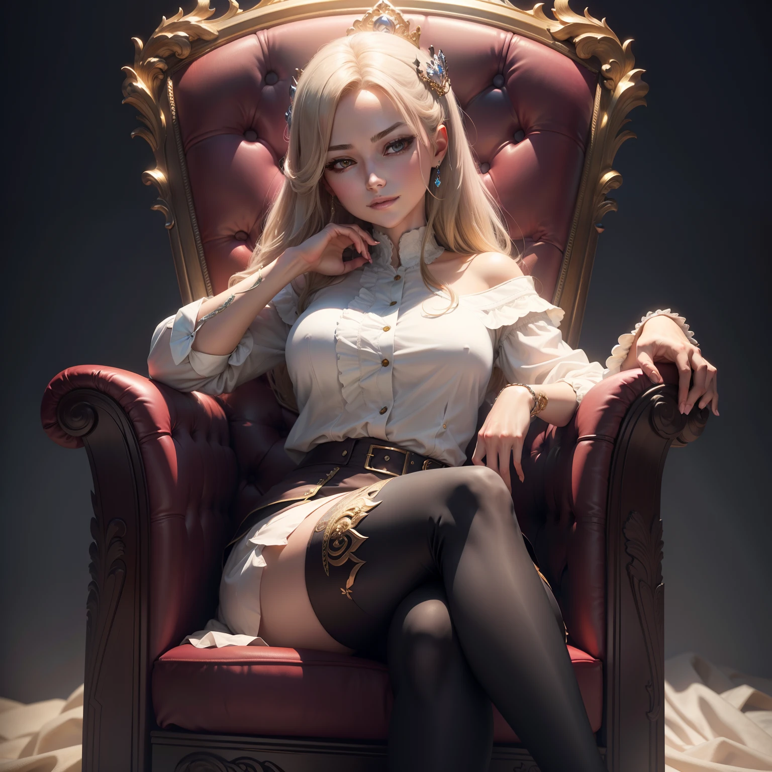 A woman wearing shirt, sitting on the royal throne, smirking, hand to chin, crossing legs, high detailed, 4k hd, beautiful anime artwork,masterpiece