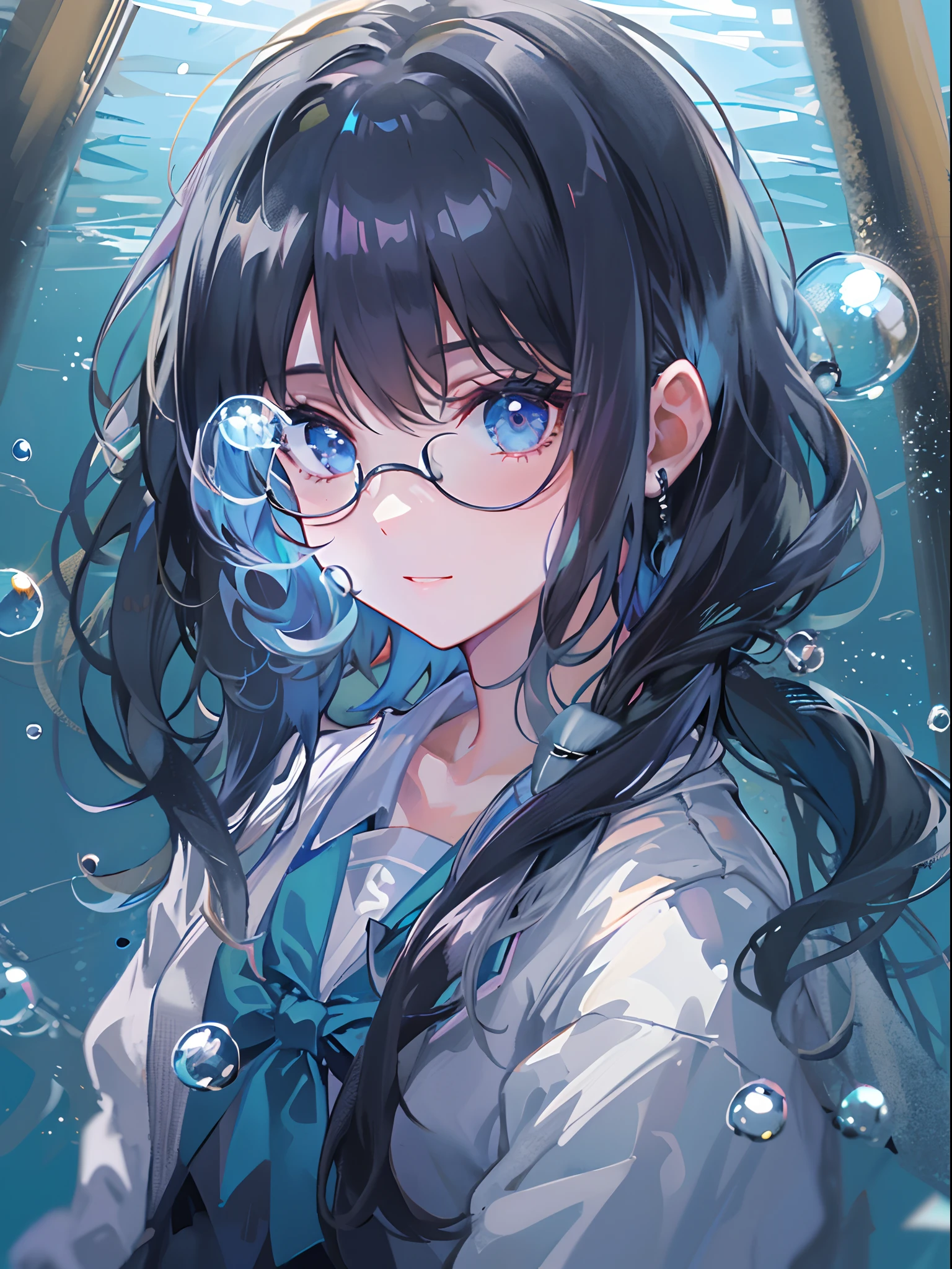 ((top-quality)), ((masterpiece)), ((ultra-detailliert)), (extremely delicate and beautiful), girl with, 独奏, cold attitude,((Black jacket)),She is very(relax)with the(Settled down)Looks,A dark-haired, depth of fields,evil smile,Bubble, under the water, Air bubble,bright light blue eyes,Inner color with black hair and light blue tips,Cold background,Bob Hair - Linear Art, a miniskirt、knee high socks、White uniform like school uniform、Light blue ribbon ties、Clothes are sheer、Hands in pockets、Ponytail hair