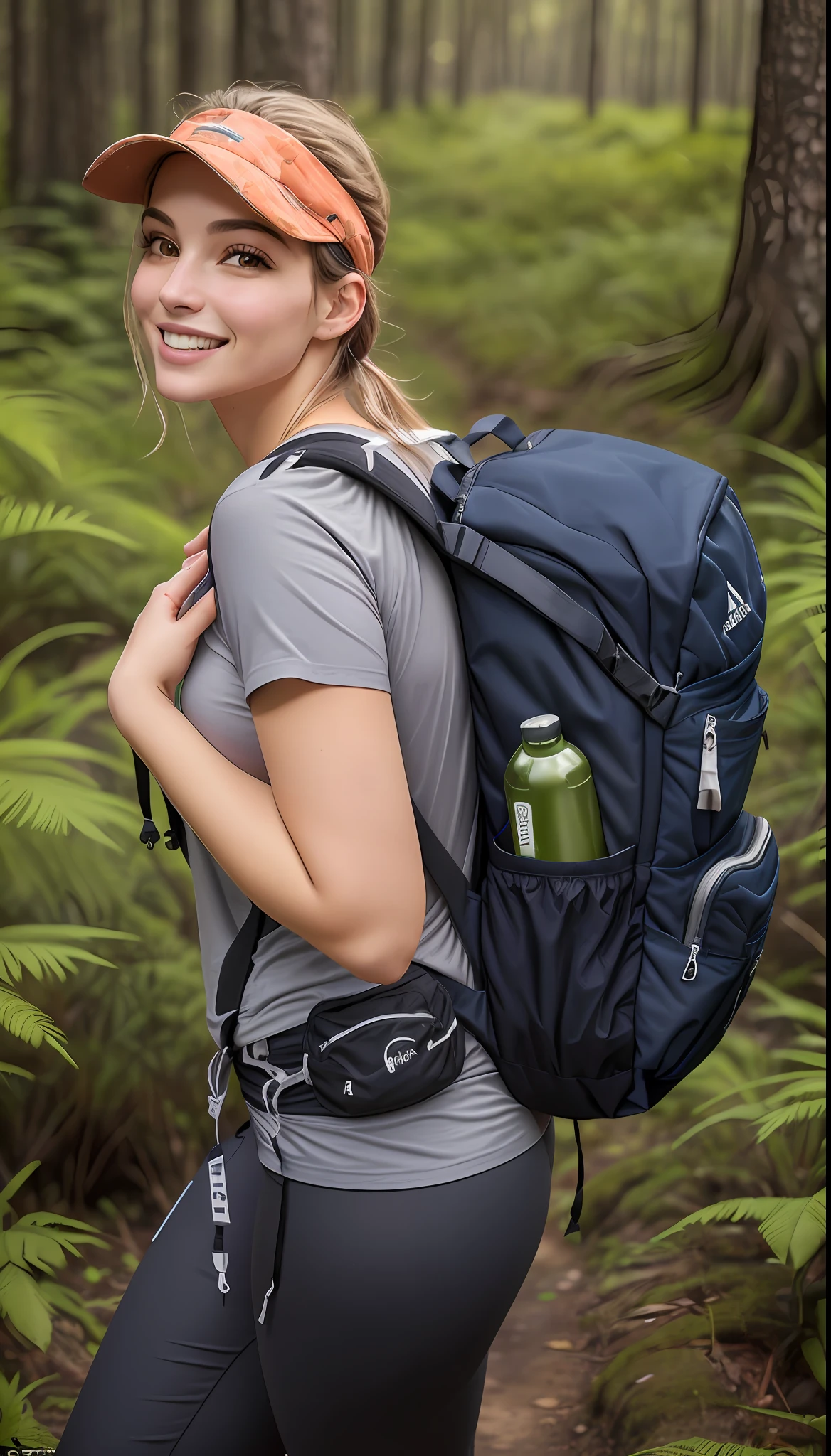 mulher linda arafed com cintura fina, Quadril fino e bota tonificada, a backpack and a bottle of water in a forest, roupas de caminhada, tight legging pants, legging pants has, usando equipamento de aventura, com uma mochila, equipamento de aventura, carrying survival gear, usando equipamento de aventura, Trekking em uma floresta, com dois bolsos frontais, incrivelmente detalhado, ao ar livre, with a happy expression, foto de retrato detalhada, carregando um saco de selim, Belas vistas, Dia de Corinne
