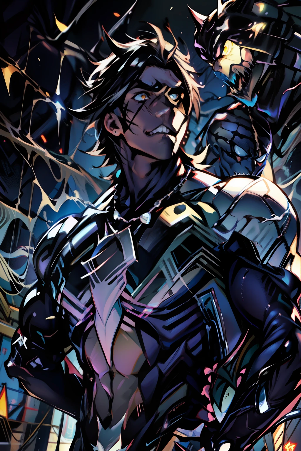 《the original god》Arataki Kazuto , male people, chest muscle, Sexy , Venom symbiote for your body, Black mucus of the body , into venom, venomize,Black bodysuit,(Cloak),Red cape,Abs,(Adult male)((Venom possession,venom symbiote)),over-Tortoise Man,Battle damage,((Masterpiece)), ((Best quality)), Ultra detailed,((illustration)), Dynamic Angle, Detailed light, (Delicate eyes), Floating, 1boy, Male focus, Head, Clothing, Yellow eyes, necklace, tattoo, (Forehead:0.8), (ahoge:0.8), jewelry, brunette color hair,apathy,Ray, chest muscle, Sexy , Venom symbiote for your body, Black mucus of the body , (into venom), Venom,frontage,Bust photo,White tight-fitting top,spiderman outfit,style of anime4 K, 4K anime wallpaper, Badass anime 8 K, 4 k comic wallpaper, young anime man, Anime boys, Anime wallpapers 4 k, Anime wallpaper 4K, High quality anime art style, Anime moe art style, Anime art wallpaper 8 K, Anime art wallpaper 4 K, RGB lighting,