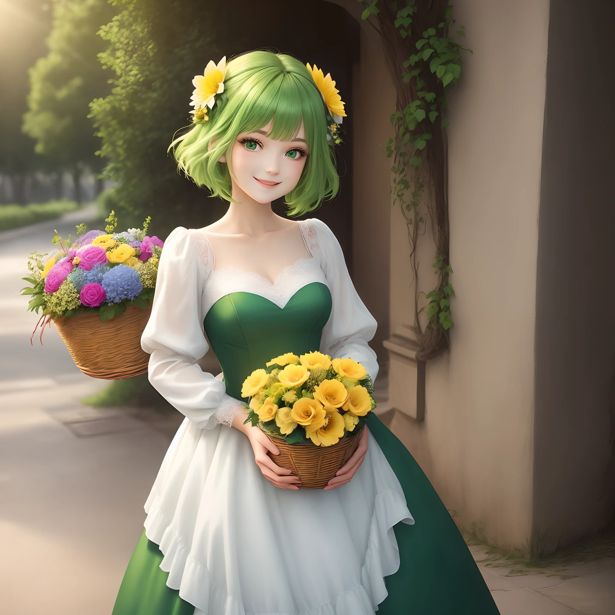 an image of a beautiful women with long green hair holding a bouquet of flowers and a basket of plants 1girl, flower, outdoors, solo, green hair, green dress, green eyes, hair flower, hair ornament, blue flower, sunlight, smile, dress, holding, looking at viewer, tree, long sleeves, bouquet, short hair, yellow flower, day, bangs, holding bouquet