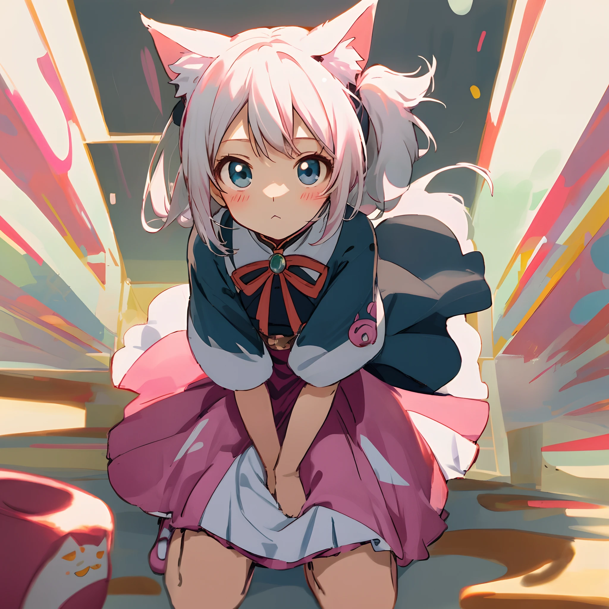 4k anime loli，komono，Beautiful design，Long pink and white hair，Lori kneels，Super perspective looking up，A coquettish look，The expression is cute，cat ear，Two people