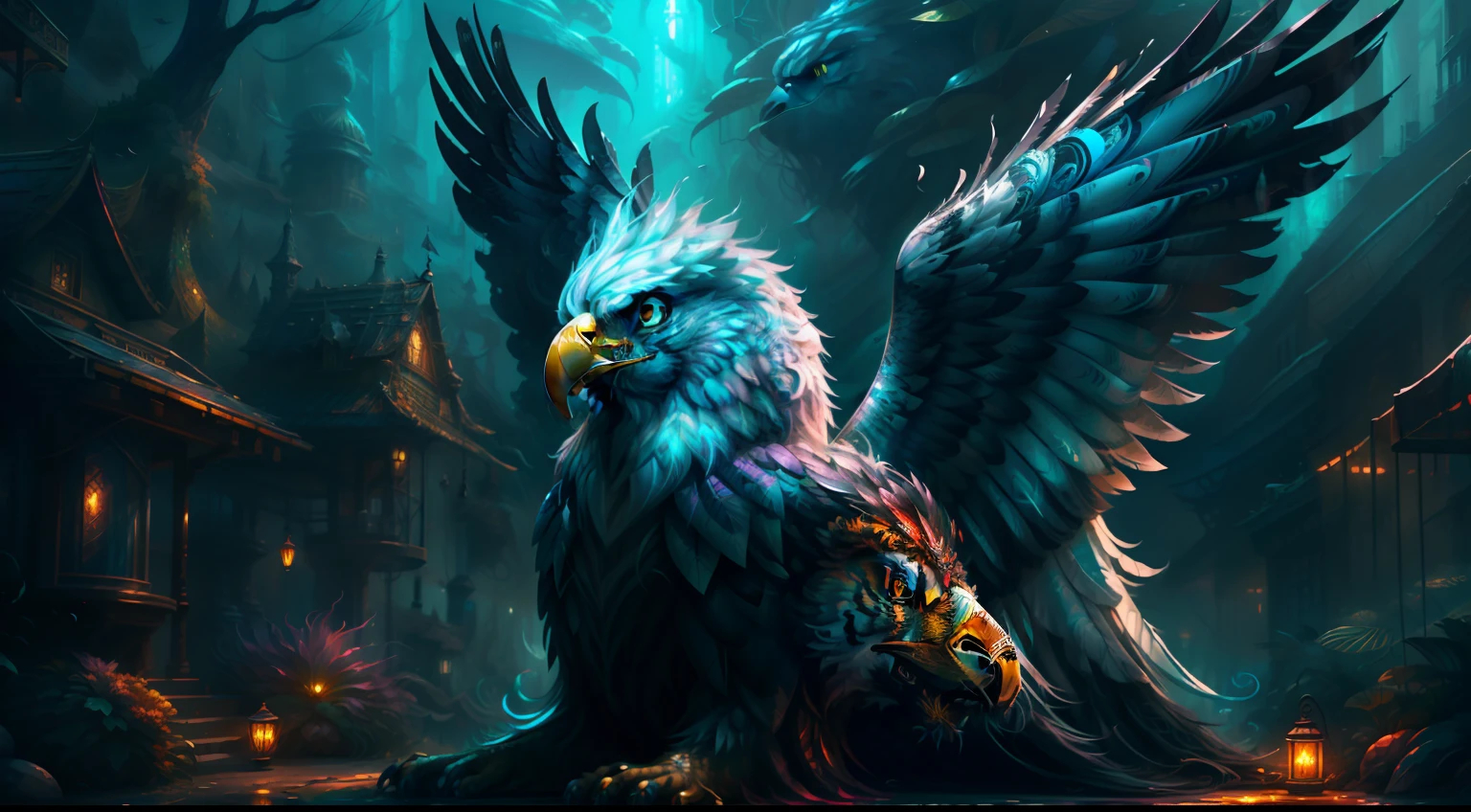 Best quality, masterpiece, super high resolution, no human, an adult griffon in a futuristic cyberpunk garden, enchanting, high detail, (eagle face), (lion body), (large wings), looking at camera, masterpiece (realistic texture: 1.2), (realistic details: 1.2), (realistic details: 1.2), ([front | side]:1.1), HDR, ultra-refined 3D modeling, as magical as the style paintings painted by Tim Burton, Dale Chihuly, Xiaolongcheng, Cyril Rolando and other authors such as Jr. Gigue. Shadows and lighting intertwine to create brilliant effects.