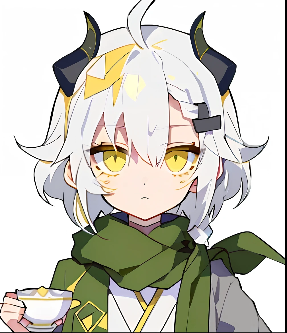 2 d anime style, Anime moe art style, 2 d style, flat anime style shading,discord pfp, 2d icon, 2d anime, clean artstyle, Flat anime style, Anime Stylization,(white hair), ahoge,((french braid)),((dark grey horns)),((golden yellow eyes)),(tea green scarf),tea green hairclip,small green hairclip,Woundplast