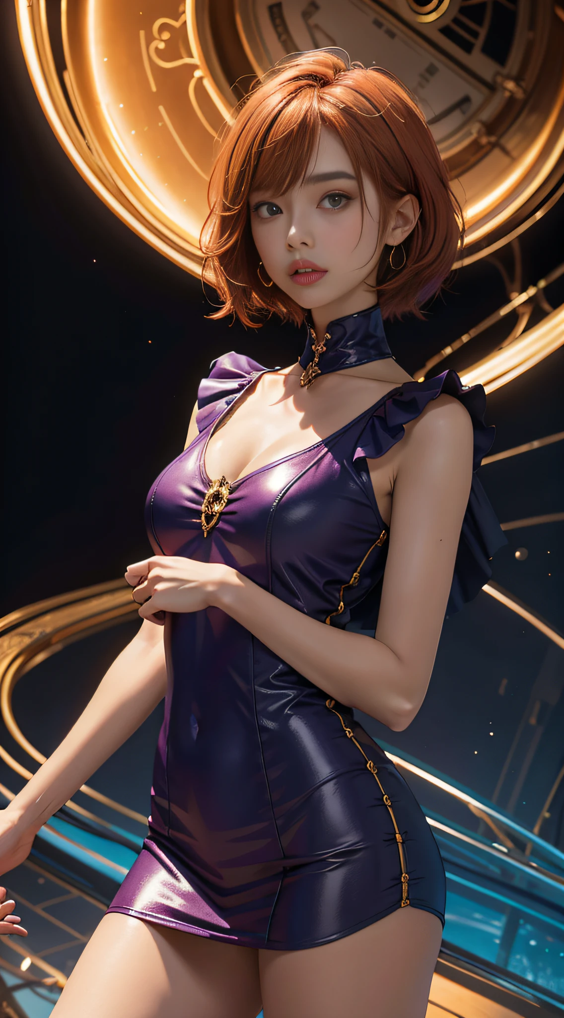 concept art, overhead angle of a Will-o'-the-wisp, wearing Funny Somali Emerald deep orange Pinafore, Caramel hair styled as Short hair, fluorescent purple Hair tie, equirectangular 360, Highres,  [(art by Willi Baumeister:1.1), (art by John T. Biggers:1.2)::17], official art, unity 8k wallpaper, ultra detailed, aesthetic, masterpiece, best quality, photorealistic