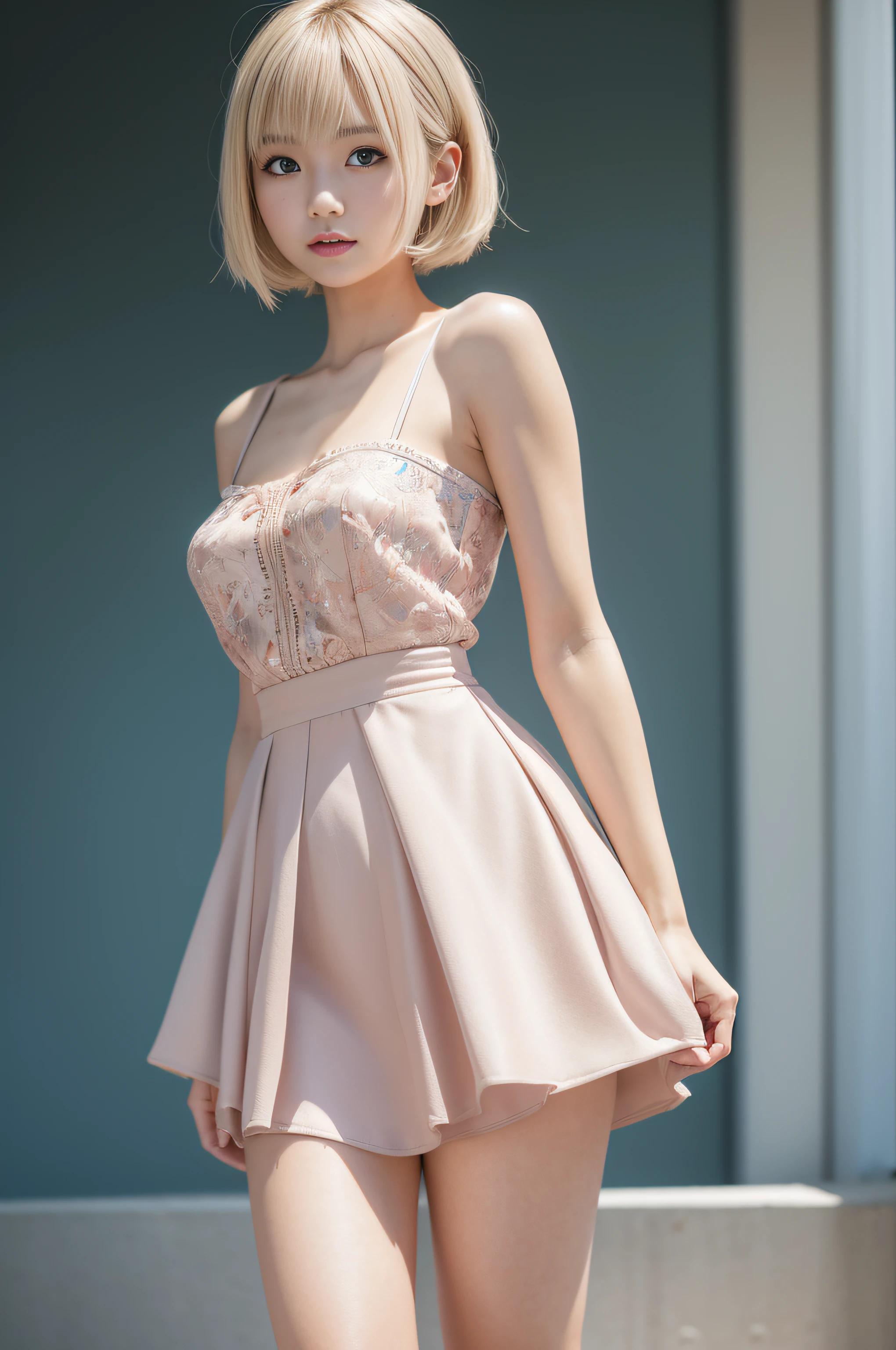 One Japan girl in a cute dress in a tube top super mini skirt, Princess cut and bangs on short pastel blonde hair, Perfect Anatomy, Centered, near perfect, Dynamic, Very detailed, Smooth and sharp focus, Full body shot, 8K, masutepiece, Fine details, Rich colors, Intricate details