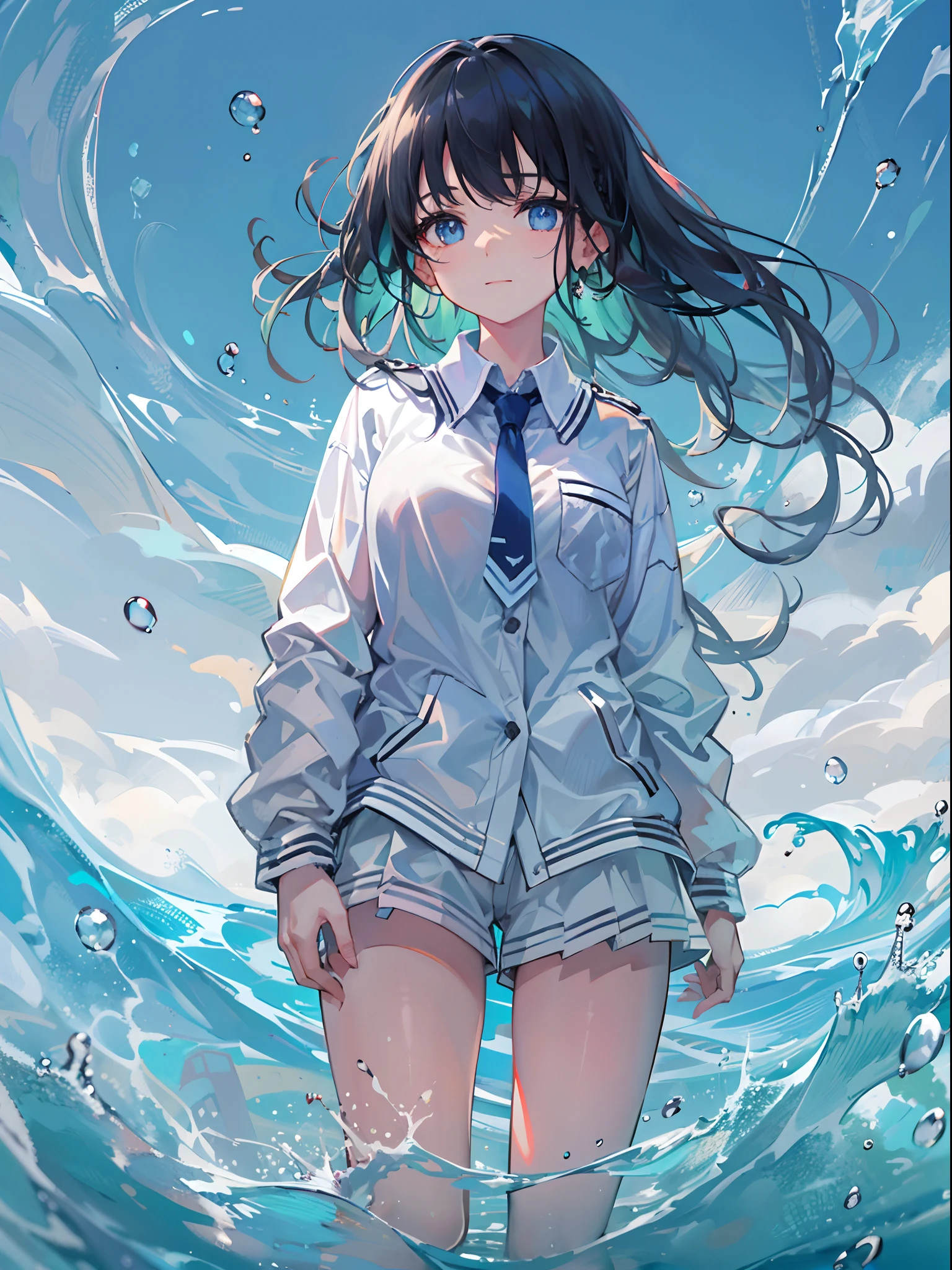 ((top-quality)), ((​masterpiece)), ((ultra-detailliert)), (extremely delicate and beautiful), girl with, 独奏, cold attitude,((Black jacket)),She is very(relax)with  the(Settled down)Looks,A dark-haired, depth of fields,evil smile,Bubble, under the water, Air bubble,bright light blue eyes,Inner color with black hair and light blue tips,Cold background,Bob Hair - Linear Art, shortpants、knee high socks、White uniform like school uniform、Light blue ribbon ties、Clothes are sheer、Hands in pockets、Ponytail hair、