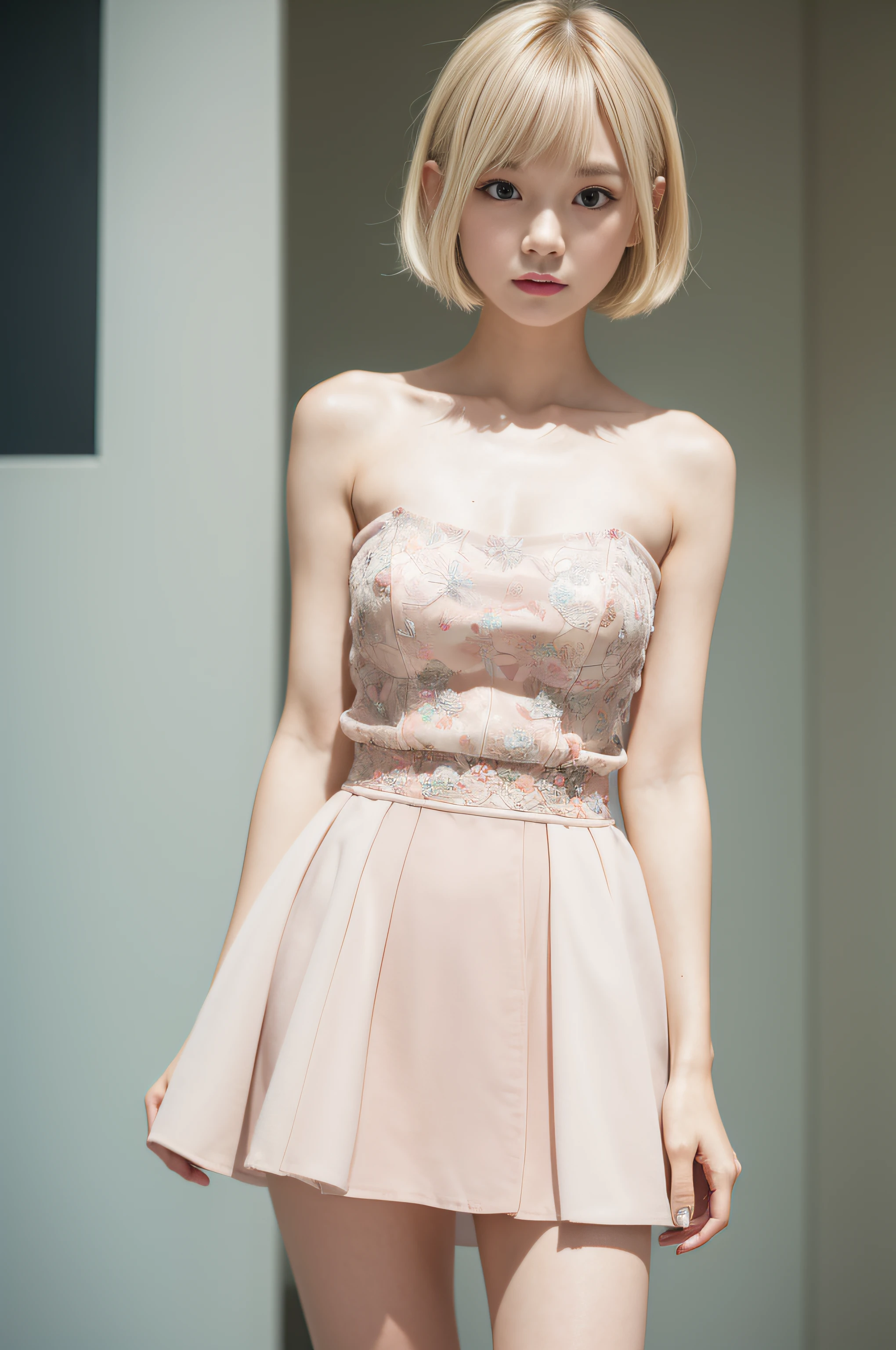 One Japan girl in a cute dress in a tube top super mini skirt, Princess cut and bangs on short pastel blonde hair, Perfect Anatomy, Centered, near perfect, Dynamic, Very detailed, Smooth and sharp focus, Full body shot, 8K, masutepiece, Fine details, Rich colors, Intricate details