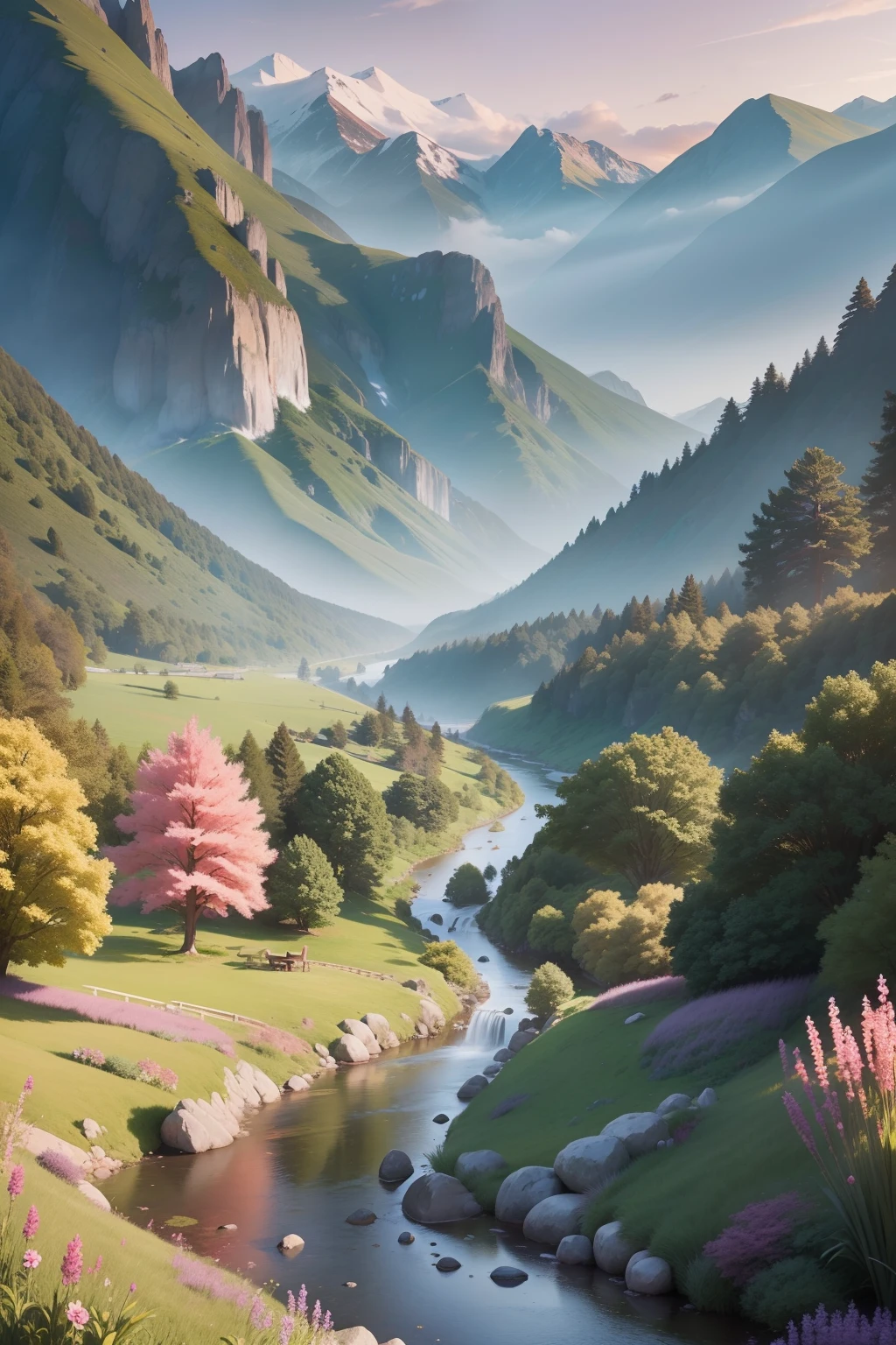 The picture would depict an imaginary landscape that appears as though it has been plucked from the pages of a fairytale. The scene would be set within a lush, verdant valley, surrounded by towering mountains shrouded in mist. The foreground of the image would show a crystal-clear river meandering through the valley, its banks lined with colorful wildflowers and tall grasses that sway gently in the breeze. A small waterfall cascading down from the highest peak would create a serene and tranquil atmosphere. Further into the image, there would be a modest cabin or cottage with a thatched roof nestled amongst the trees, giving the impression of a peaceful and inviting place to rest. The sky overhead would be filled with brilliant shades of pink, orange, and purple as the sun sets, casting long rays of golden light across the landscape. A few small animals, such as deer or rabbits, would be visible, adding to the idyllic and serene feel of the scene. The overall effect would be a serene, peaceful, and captivating landscape that's sure to fuel the imagination of anyone who gazes upon it.