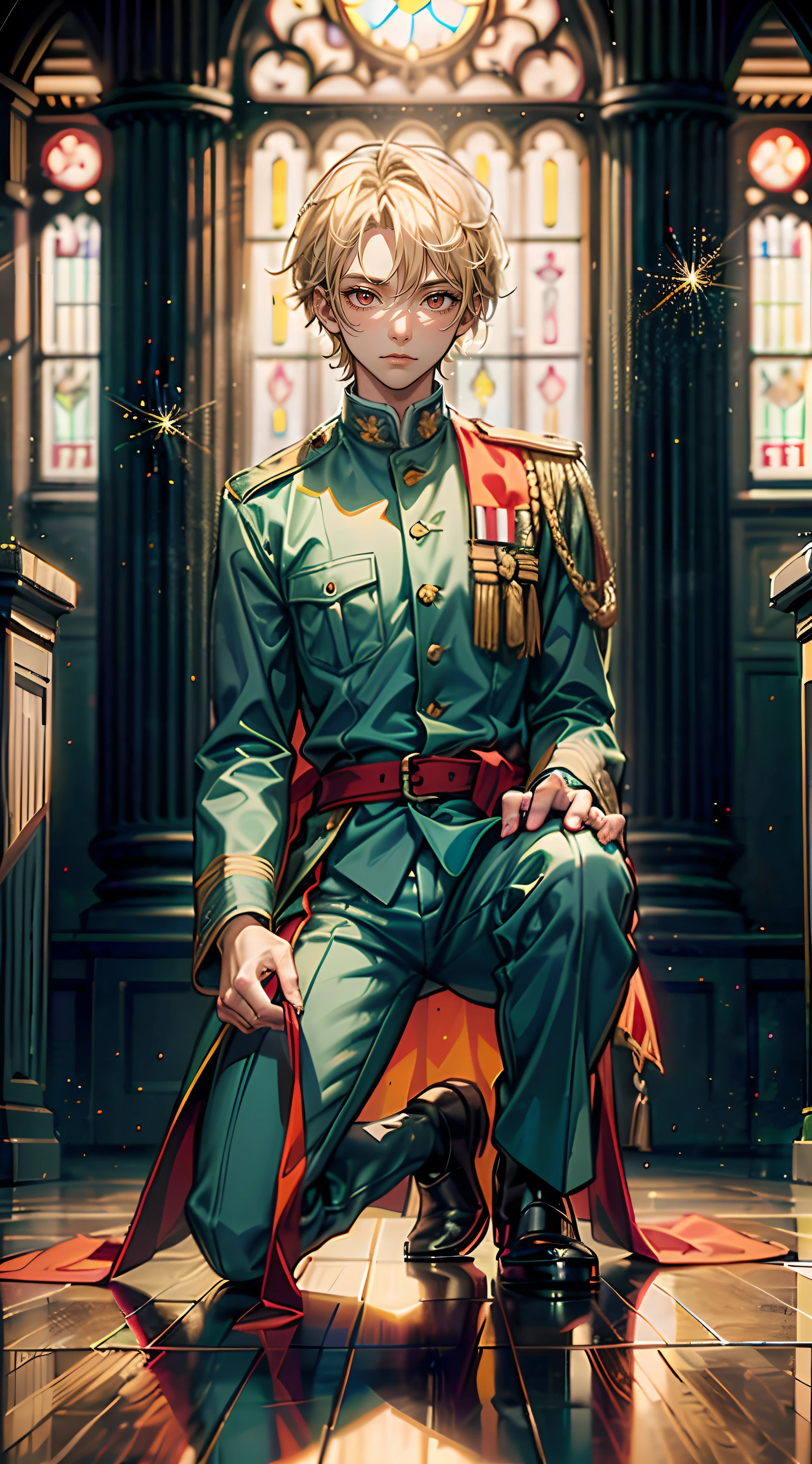 ((masutepiece: 1.4, Best Quality)), ((masutepiece, Best Quality)), 20-year-old boy with short blonde hair and red eyes in military uniform and pants, Delicate hair, Put one hand on your chest, (light Particle: 1.2), (Sunlight streaming through the window), Bright atmosphere, (Get down on one knee on the floor:1.3)、background is church