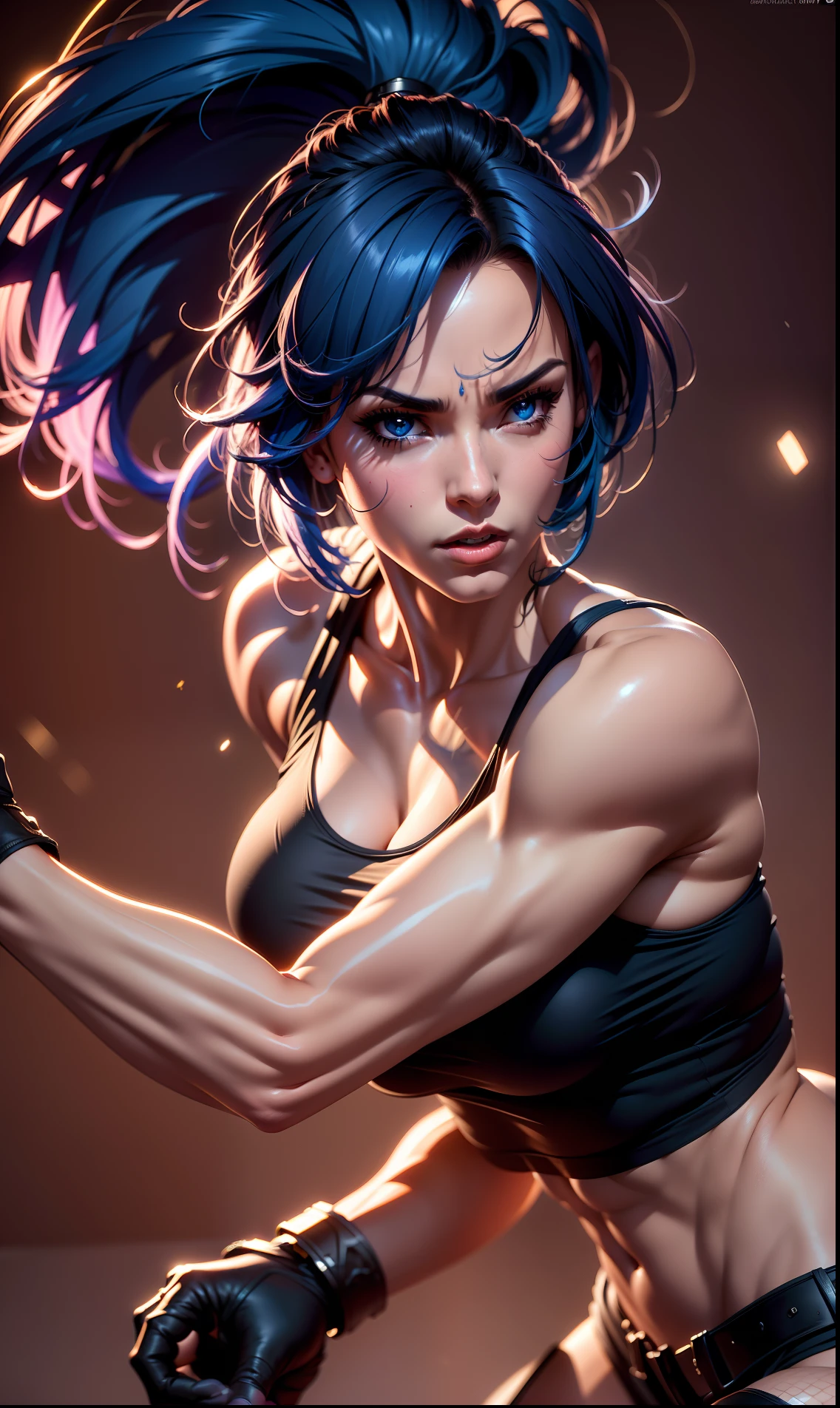 ((8k resolution)), ((character)), 1Girl, 20y.o, Leona King Of Fighter, Black Tank top, Blue hair, Big Boobs, Black Gloves, Realistic, Ultra detail