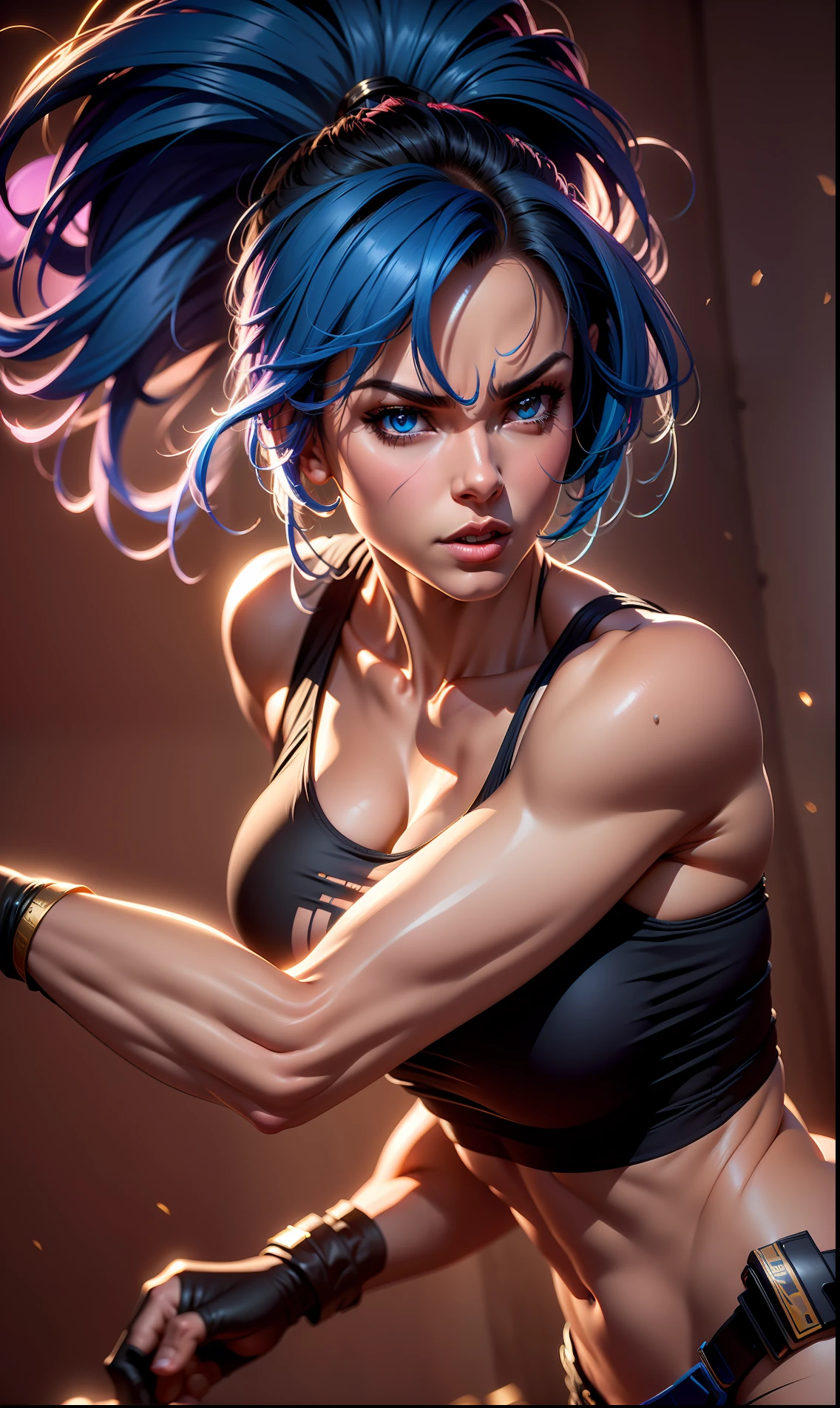 ((8k resolution)), ((character)), 1Girl, 20y.o, Leona King Of Fighter, Black Tank top, Blue hair, Big Boobs, Black Gloves, Realistic, Ultra detail