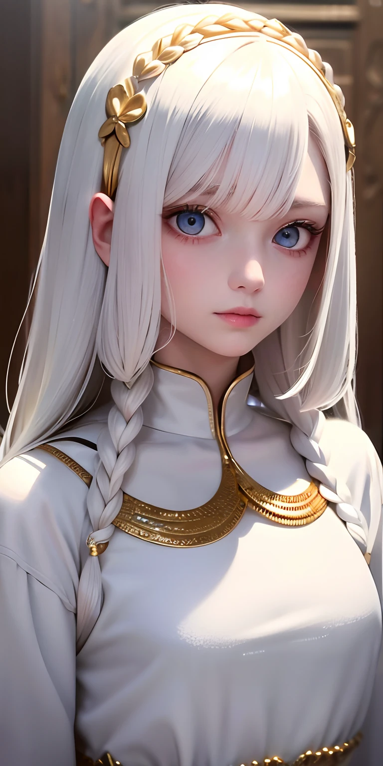 best quality, masterpiece,white hair, gold eyes,white clothes, looking up, upper body,hair strand,Fair skin,side braids