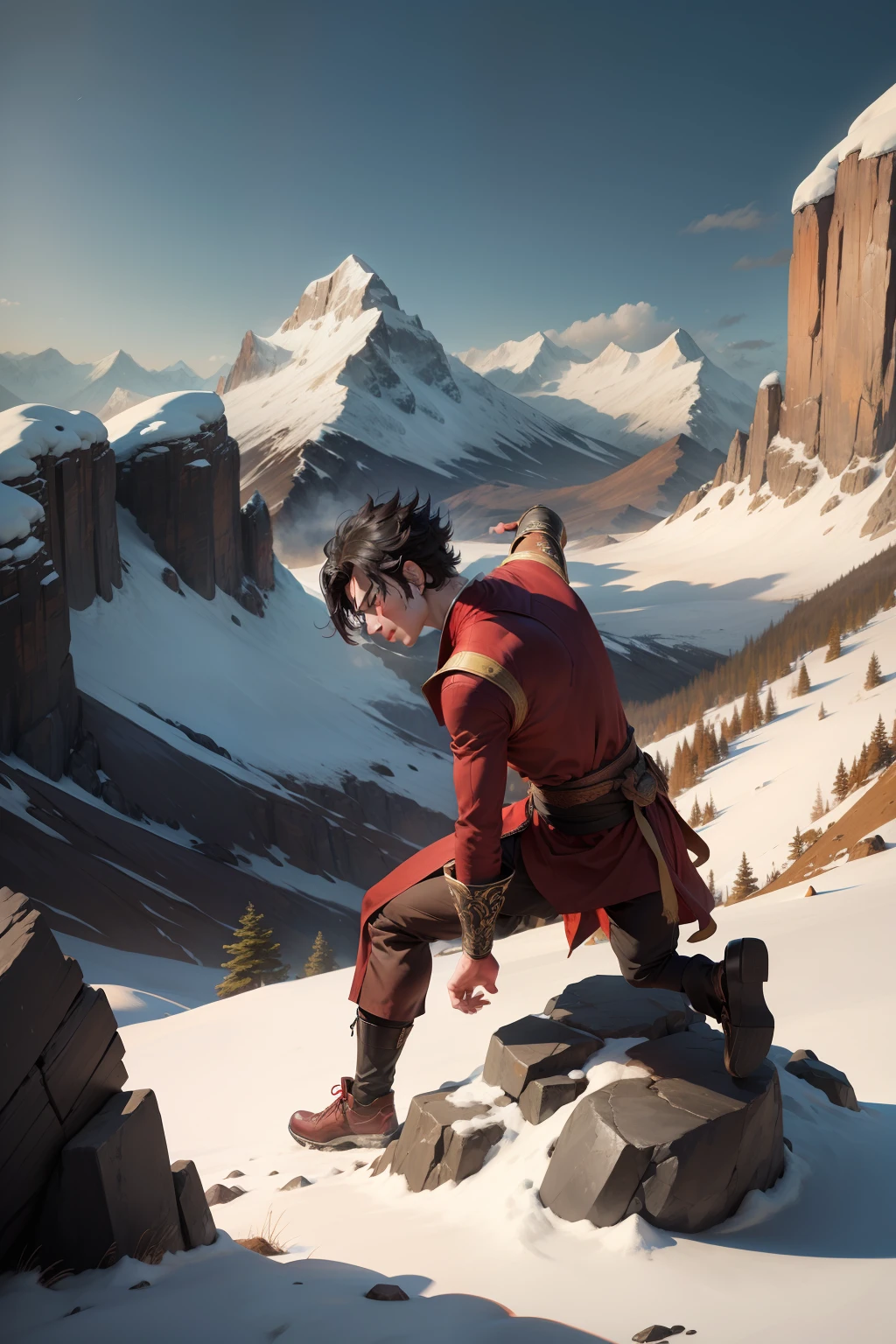 Monk, short dark hair, red eyes. Dark clothes. Attack posture. Mountain scenery.