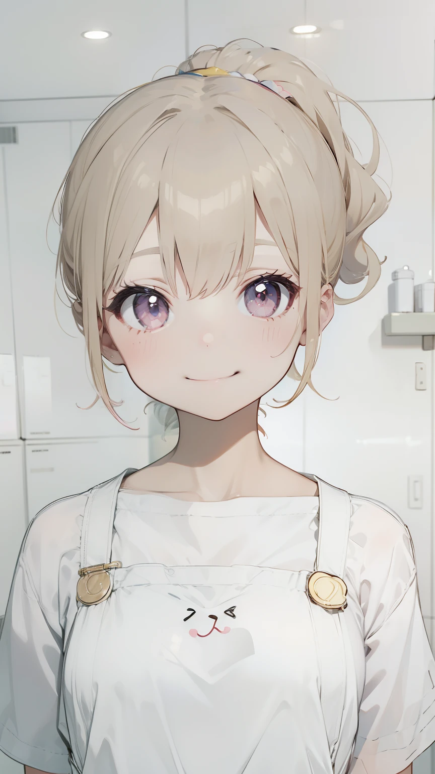 Healthy skin color、Hair color is pink、Apron is yellow、The background is the heavenly world、Dazzling light、Smiling smile