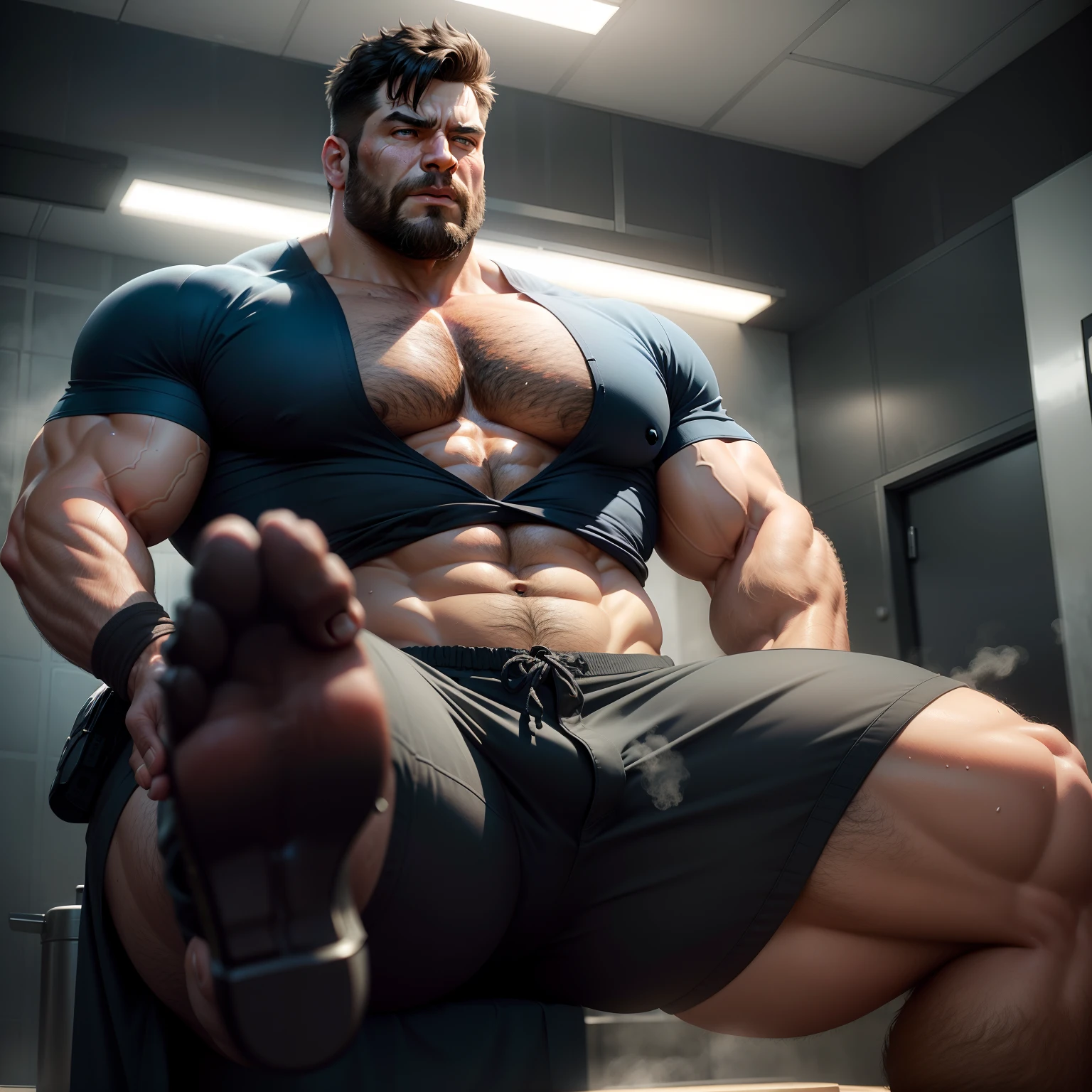 Uncle Banner the Hulk in the Avengers,Male uncle,A little bearded,Strong body,big breasts slightly fat,Short black hair,The upper body is wearing a blue police uniform,The shirts were all unbuttoned,Exposes the pectorals and abs,The lower half of the body wears black trousers,There is chest hair,The arms are hairy,Thick hairs on the calves,Body hair on the buttocks,Sit in the steam room,Spread your legs,Legs raised,Expose the thick soles of your feet,Wrap your hands around your thighs,Butt forward,Sweaty face,Covered in sweat,The expression is shy