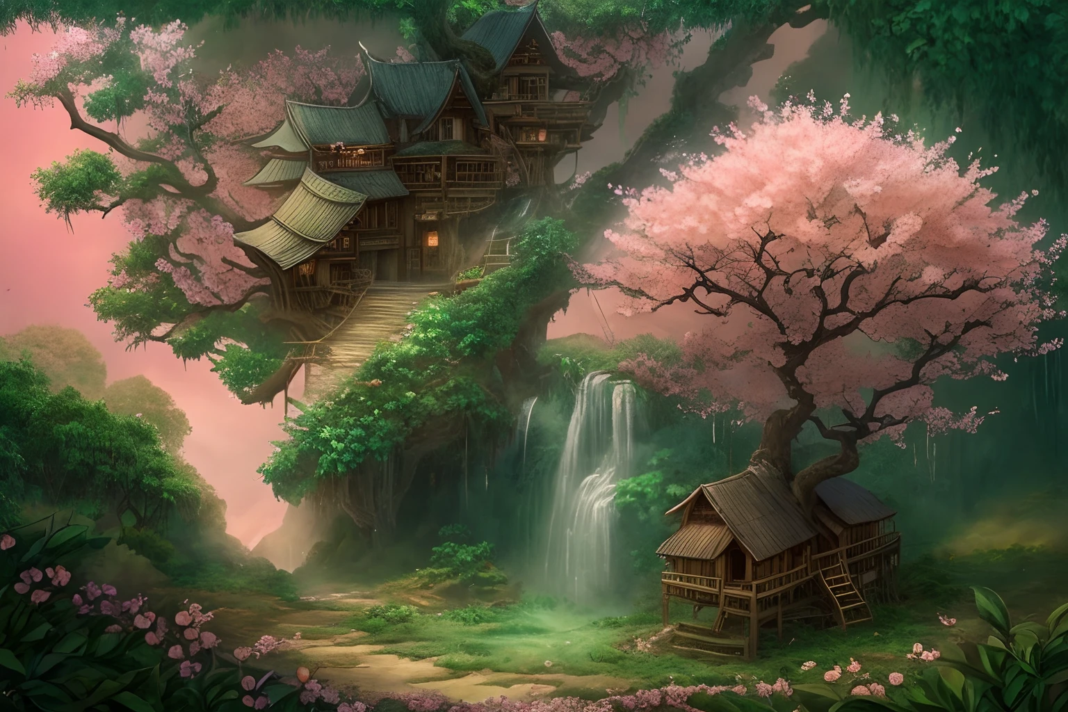 awardwinning, concept-art, fine art, epic fantasy digital art, bird's eyes view，Cinematic lighting,Downward view，super wide shot，Viewing angle from afar，depth of fields，The beauty of an idyllic rural fairy tale，waterfallr，Quaint, Picturesque, Rustic, Lush big breasts, ((lawns;1.5)), ((Peach blossom tree:1.5)), Small rivers, ((Many tree houses)), ((The tree house is connected to the tree house by a wooden bridge)), ((Ivy is intricate)), Epic, ((Cinematic lighting)), High quality, High contrast, Realistic lighting,4K textures, photolab, hdr, ((iintricate)), elegant, Highly detailed, Sharp focus, insanely details, Intricate details, ultra - detailed, Harsh movie light, Outdoor atmosphere,tmasterpiece，best qualtiy，（Very detailed CG unity 8K wallpaper），（best qualtiy），（Most Best Illustration），（Best shadow），glowing sprites，Natural elements in idyllic countryside theme。Mysterious idyllic countryside，Beautiful idyllic countryside，naturey，surrounded by flower，Delicate leaves and branches are surrounded by fireflies（nature elements），（Jungle theme），（Foliage），（tree branch），（Particle effect）wait。3D ，  Ray traching，