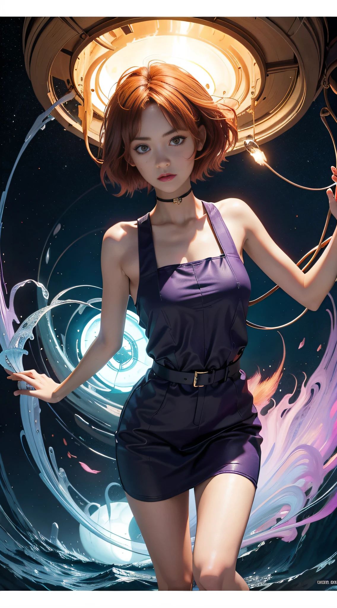 concept art, overhead angle of a Will-o'-the-wisp, wearing Funny Somali Emerald deep orange Pinafore, Caramel hair styled as Short hair, fluorescent purple Hair tie, equirectangular 360, Highres,  [(art by Willi Baumeister:1.1), (art by John T. Biggers:1.2)::17], official art, unity 8k wallpaper, ultra detailed, aesthetic, masterpiece, best quality, photorealistic