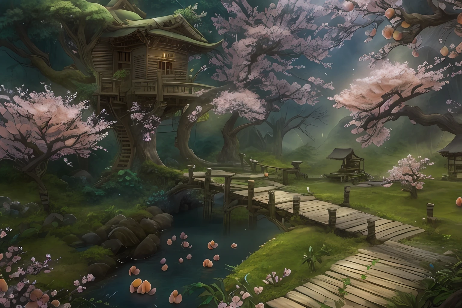 awardwinning, concept-art, fine art, epic fantasy digital art, bird's eyes view，Cinematic lighting,Downward view，super wide shot，Viewing angle from afar，depth of fields，The beauty of an idyllic rural fairy tale，waterfallr，Quaint, Picturesque, Rustic, Lush big breasts, ((lawns;1.5)), ((Peach blossom tree:1.5)), Small rivers, ((Many tree houses)), ((The tree house is connected to the tree house by a wooden bridge)), ((Ivy is intricate)), Epic, ((Cinematic lighting)), High quality, High contrast, Realistic lighting,4K textures, photolab, hdr, ((iintricate)), elegant, Highly detailed, Sharp focus, insanely details, Intricate details, ultra - detailed, Harsh movie light, Outdoor atmosphere,tmasterpiece，best qualtiy，（Very detailed CG unity 8K wallpaper），（best qualtiy），（Most Best Illustration），（Best shadow），glowing sprites，Natural elements in idyllic countryside theme。Mysterious idyllic countryside，Beautiful idyllic countryside，naturey，surrounded by flower，Delicate leaves and branches are surrounded by fireflies（nature elements），（Jungle theme），（Foliage），（tree branch），（Particle effect）wait。3D ，  Ray traching，