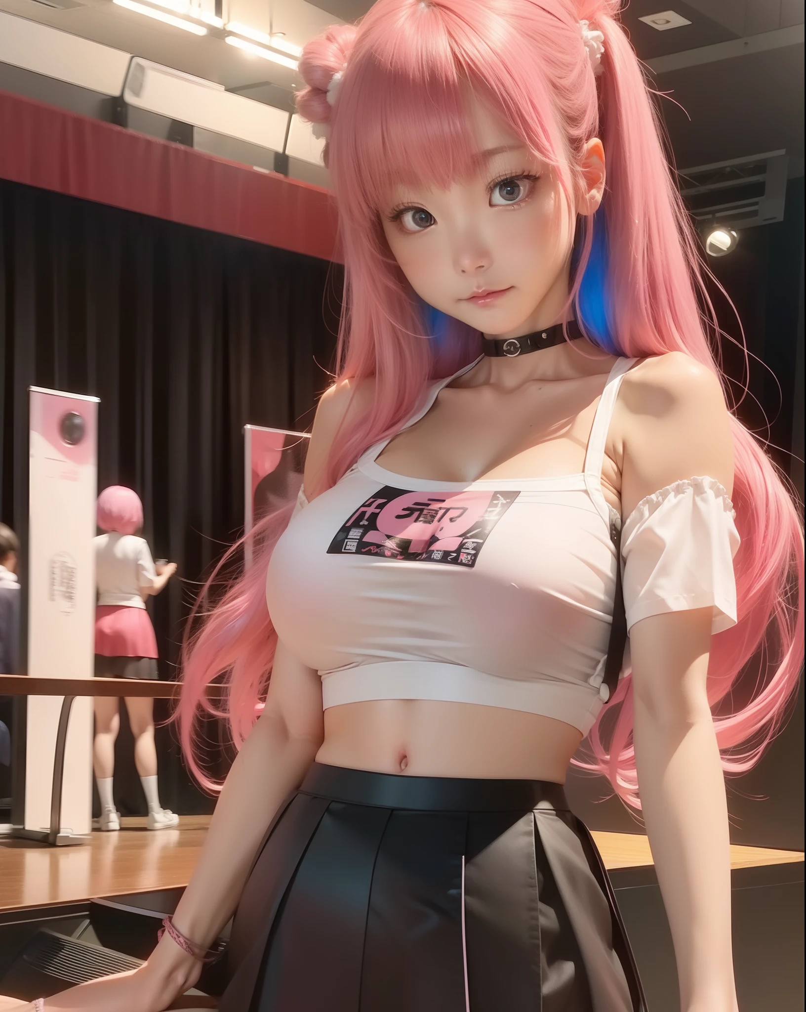 (Solo), japanese girl, (Sad), pink hair, white shirt, black short skirt, (huge breast K cup : 1.5), blue eyes, (face facing the audience)