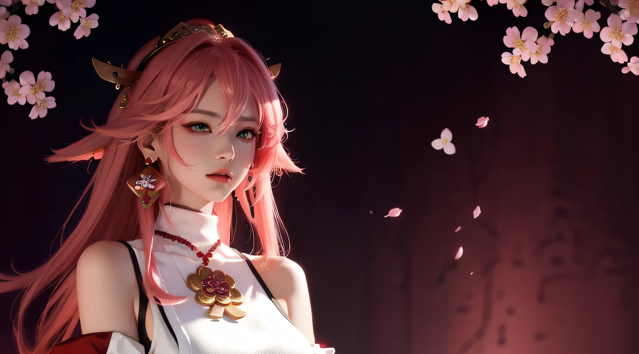 (Masterpiece, Excellent, 1girl, solo, complex details, color difference), realism, ((medium breath)), off-the-shoulders, big breasts, sexy, Yae Miko, long pink hair, red headdress, red highlight, hair above one eye, green eyes, earrings, sharp eyes, perfectly symmetrical figure, choker, neon shirt, open jacket, turtleneck sweater, against the wall, brick wall, graffiti, dim lighting, alley, looking at the audience, ((mean, seductive, charming)), ((cherry blossom background ))),((Japanese temple background)))), (((Glow-in-the-dark background)))