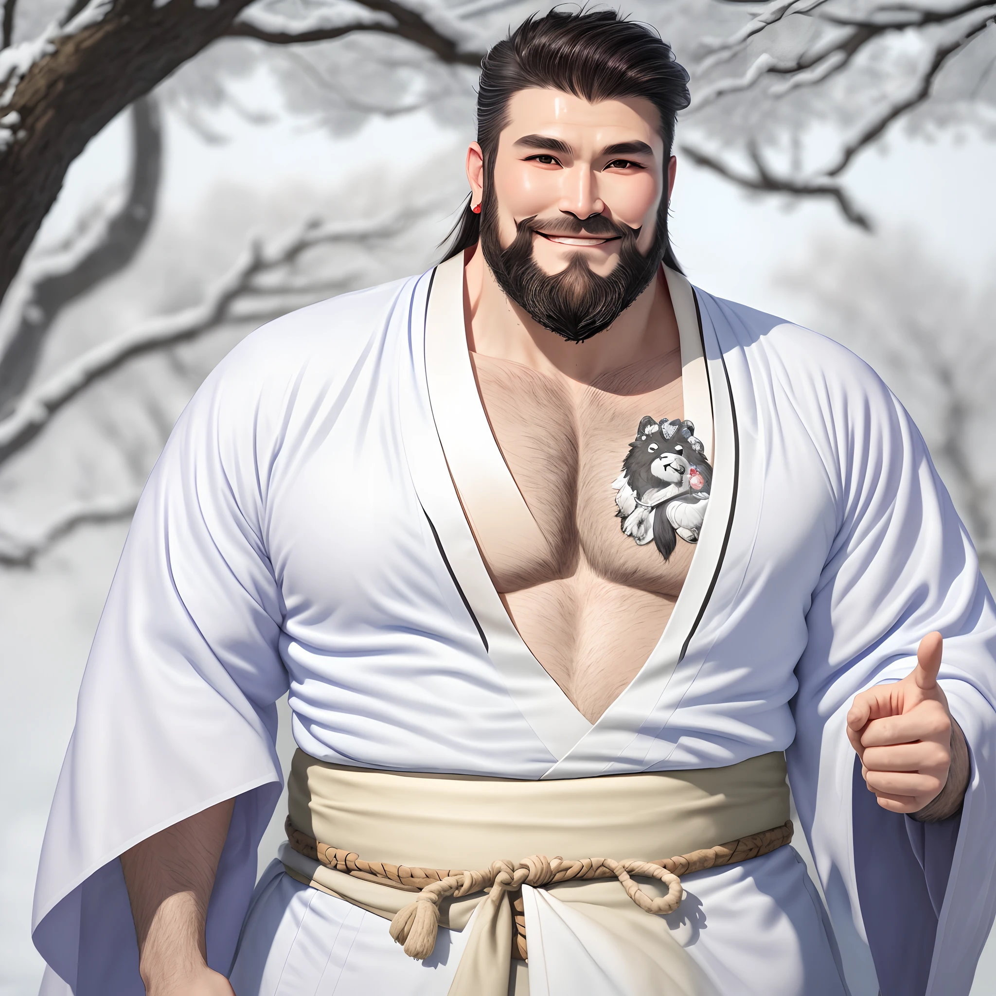 (morning), 1volibear, winter, smile, fleshy man, beard, middle-aged, white loincloth, ((open) kimono), chinese traditional clothes, close-up, stud earrings, sweat, drool, blush sticker, wet