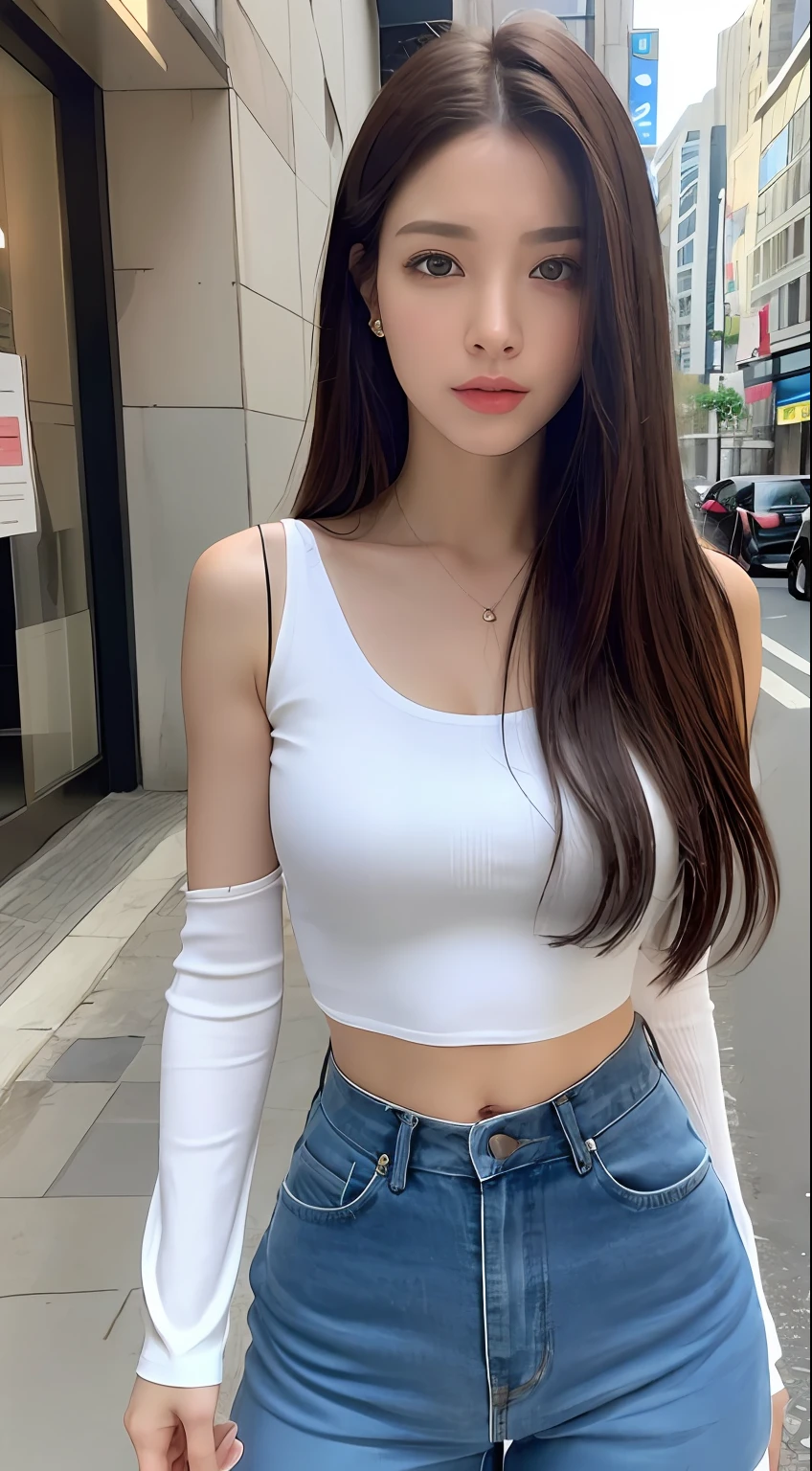 ((Realistic lighting, best qualtiy, 8k, tmasterpiece:1.3)), sharp fokus:1.2, 1girl, Beautiful Women with Perfect Figure:1.6, Slim abs:1.3, ((dark brown  hair)), (White crop top:1.1）,（exteriors，during night：1.1），the city street，Ultra-fine face，Fine eyes，二重まぶた，