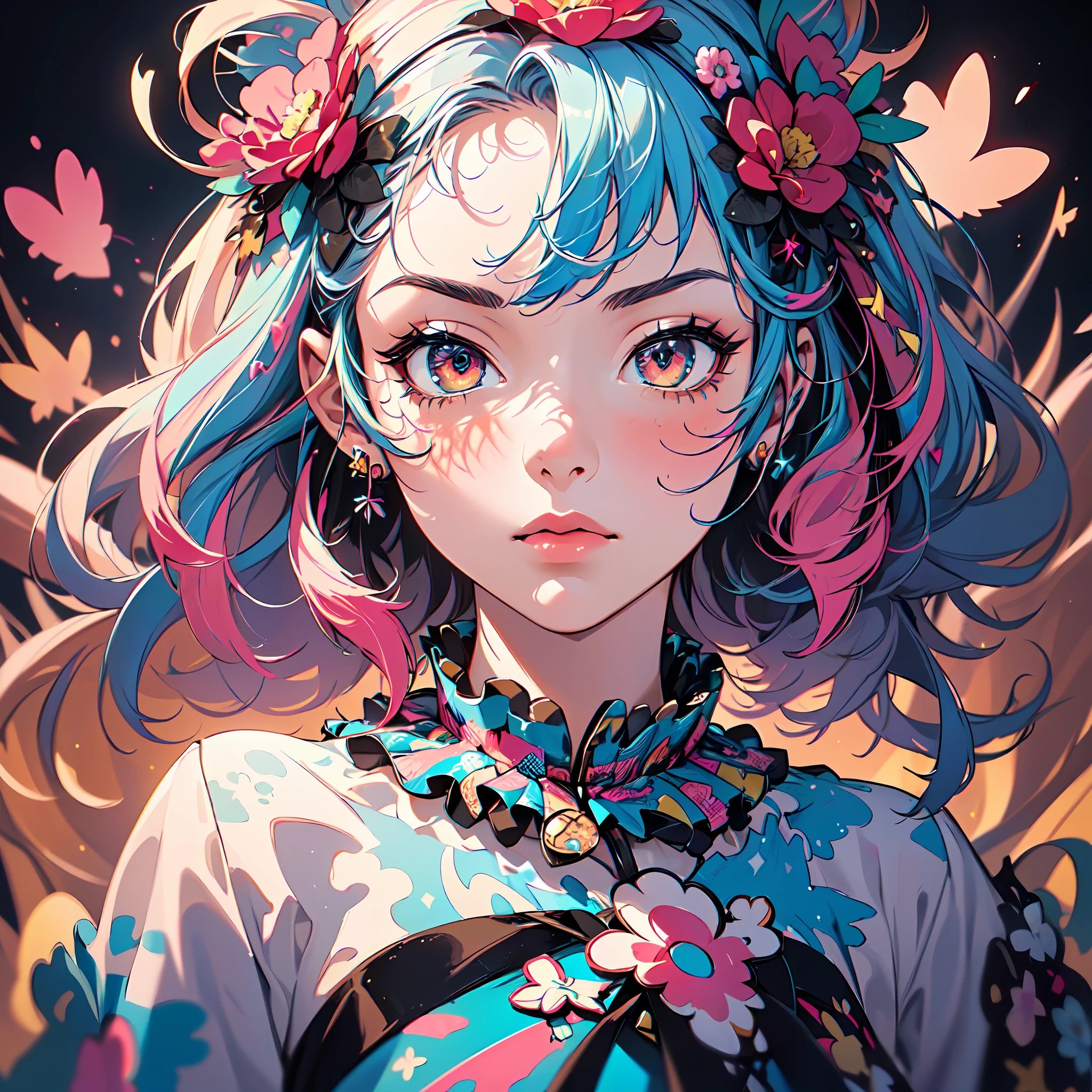 (flowercrown),(1girl in, Solo:1.6),(Best Impact:1.5), (maximalism:1.7),Vivid contrast, (Realistic), hyperrealistic illustrations, hight resolution, ultra-detailliert, absurderes,(Fractal Art:1.3)、Random hairstyle、Random hair color colorful、FULL BODYSHOT、Retro、Precise focus、randome pose、cinema4d、Dramatic