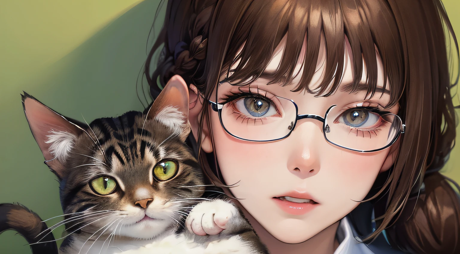 (((1人の女性)))、(Top resolution、Distinct_image) best qualtiy、(((holding cat)))、((sideways Facing))、masterpiece、ighly detailed、Semi-realistic、Brown hair、eye glass、Braided hairstyle、deadpan、bangss、21 years old、Mature、年轻、White blouse、delicated facial features、Facial features、mid-shot、