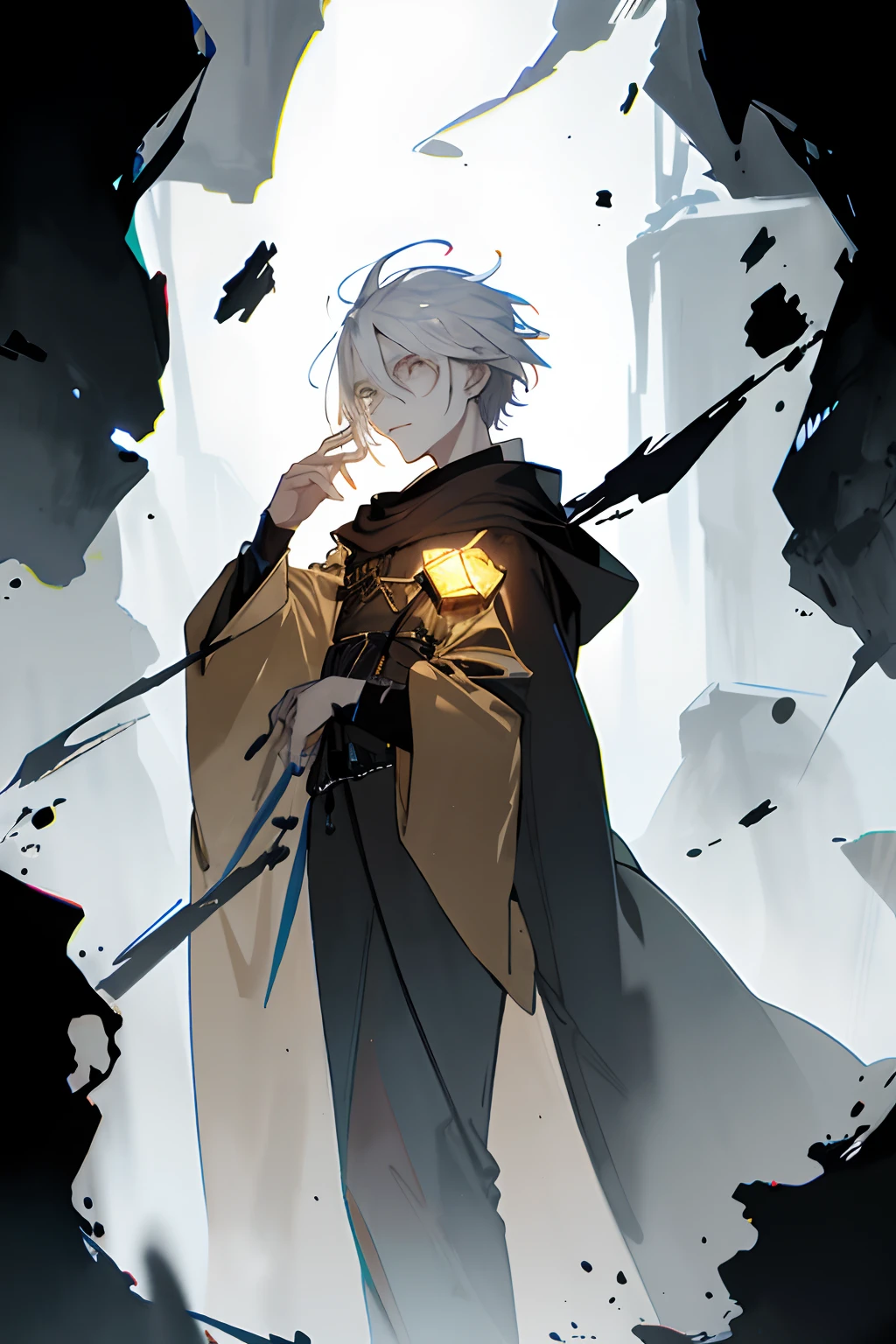 zydink，Ink sketch，（best qualtiy，tmasterpiece：1.3），1boys，
silber hair，Bright golden pupils，short detailed hair，Hair combed back，floated hair，Black robes，face expressionless，
 （abstract ink splash：1.2） ，He holds a glowing golden cube in one hand，Look ahead，Flames surrounded his body，