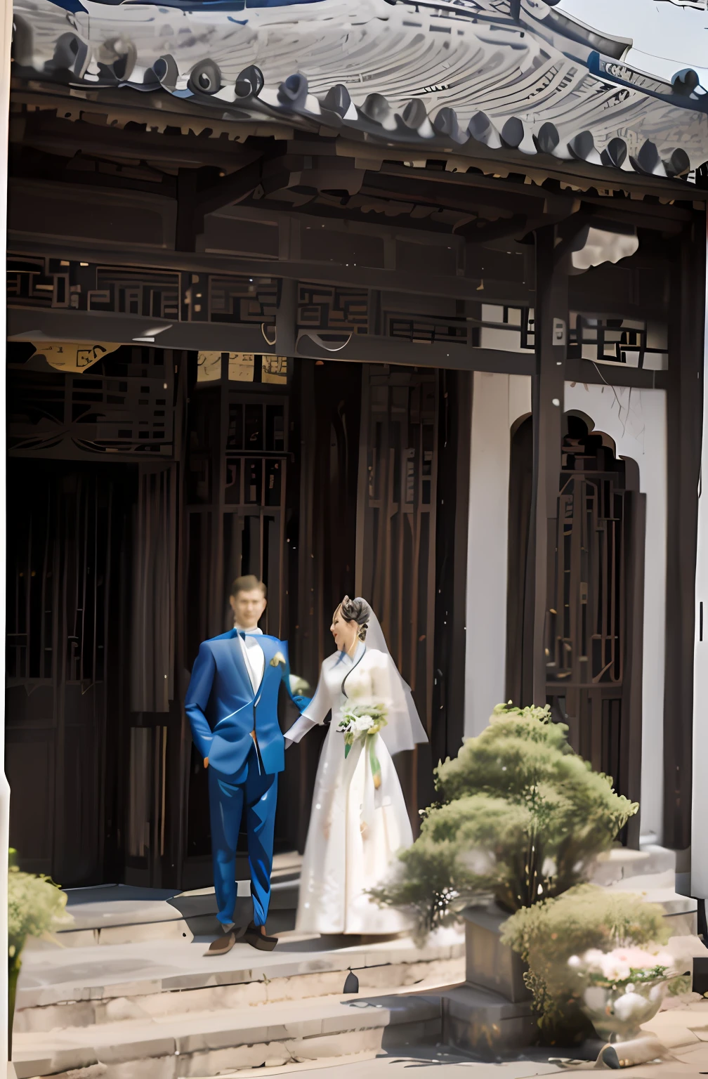 Chinese bride and groom standing on steps in front of the building, ao dai, inspired by Cui Bai, Chinese traditional, wedding photo, inspired by Gu An, Ruan Jia and Fenghua Zhong, with acient chinese clothes, in style of lam manh, Inspired by Dai Xi, historical context, traditional tai costume, in style of ruan jia