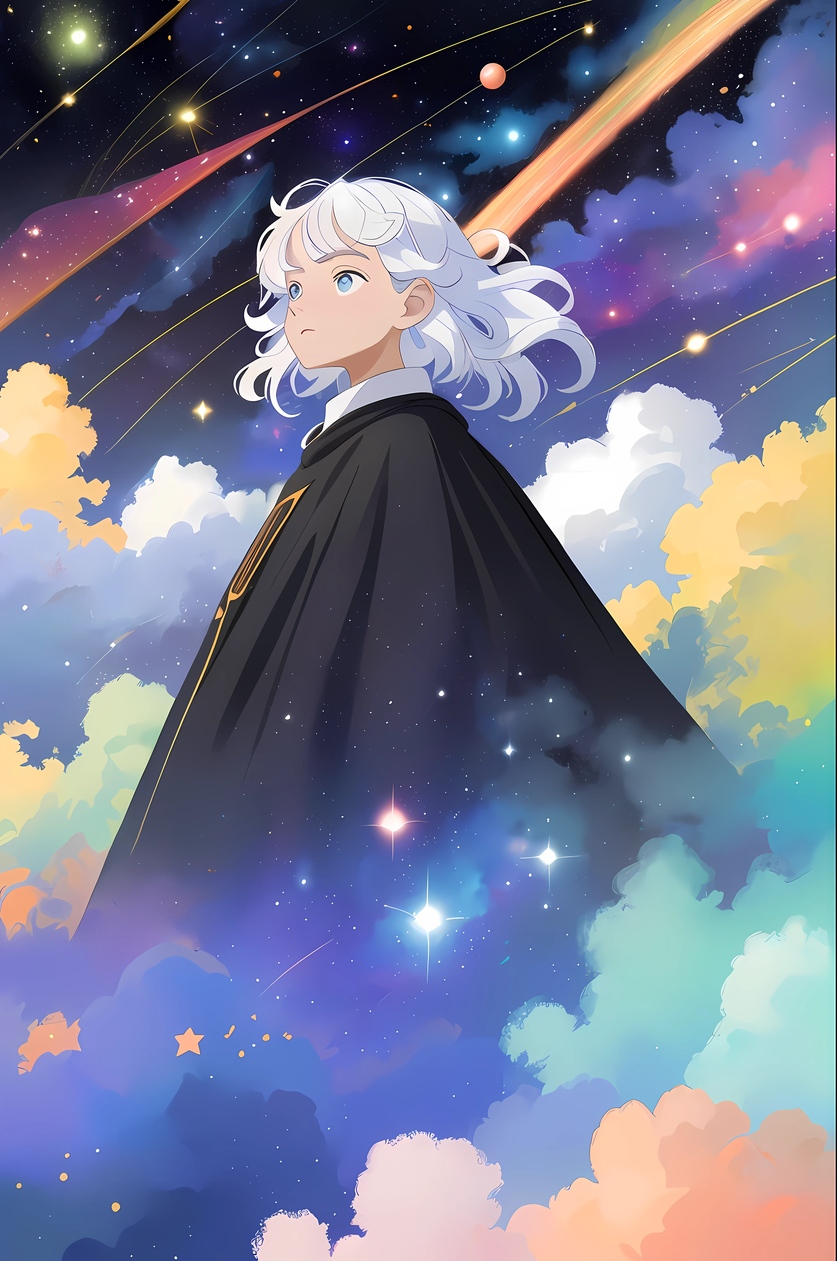 ((masterpiece)), (((best quality))), ((ultra-detailed)), ((illustration)),[realism light effect],shadow,(Fantasy style),(white background:1.6), simple background, (earth theme),(a cloak)[(hair focus,((1boyl)),[(big slime hair): (cloud hair):0.3], (hair on background),(high saturation),(Hair is surrounded by galaxy splashes），））：（（His hair is turning into a galactic cloud，：1.27628），（Hair and clothes are galactic clouds and star clusters：1.1025），（The cloak is turning into a galactic cloud）（colorful_galaxy_print_clusters_of_stars_print：1.35） ,((Detailed starry sky with colorful galaxies and galactic clouds):1.2)):0.35], (((tmasterpiece))),(((best qualtiy))),((ultra - detailed)),(illustratio), (dynamic angle),((floatking)),(Paintwork),((Loose hair)),((beautifull detailed face)),collars,cropped shoulders,((The color hair)),((Striped hair)),Beautiful detailed eyes,(Gradient color eyes),(((Colored eyes))),(((coloured background))),(((high saturated))),(((Surrounded by colorful splashes))),(((Surrounded by colored dots))),Colored bubbles,((shiny)),