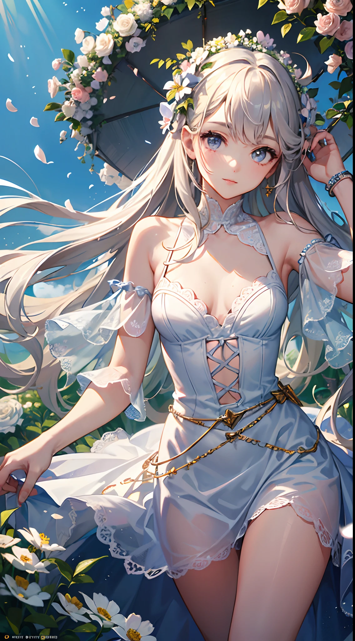 (masterpiece, best quality:1.6), white lace dress, cowboy shot, thighs, beautiful girl, (flowers, many small white petals:1.3), garden, blue sky, looking at viewer, small waist, official art, raw photo, incredibly absurdres, facelight, dynamic lighting, cinematic lighting, ultra realistic, highres, photography, sharp focus, highest detailed, extreme detailed, ultra detailed, finely detail, extremely detailed eyes and face