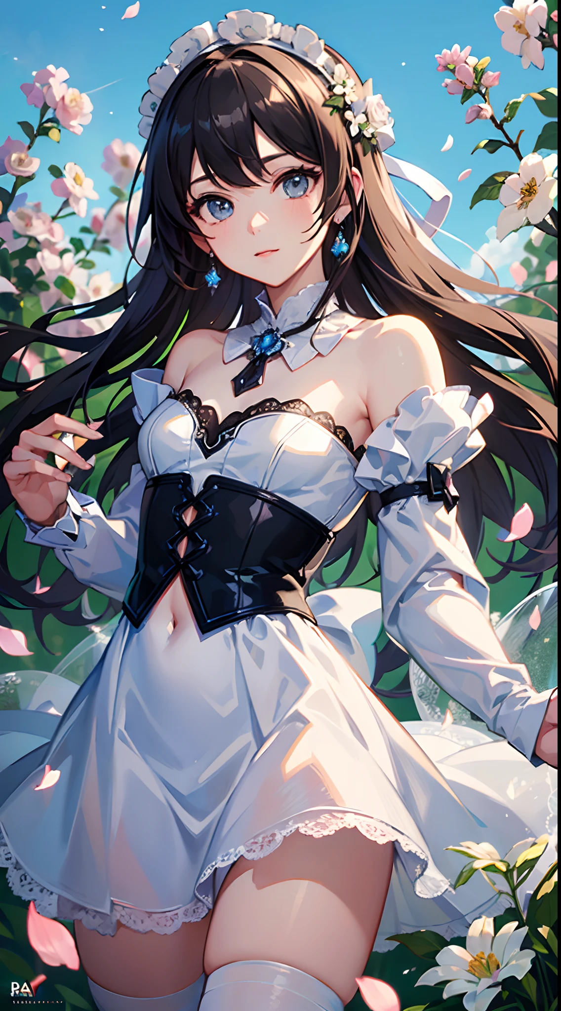 (masterpiece, best quality:1.6), white lace dress, cowboy shot, thighs, beautiful girl, (flowers, many small white petals:1.3), garden, blue sky, looking at viewer, small waist, official art, raw photo, incredibly absurdres, facelight, dynamic lighting, cinematic lighting, ultra realistic, highres, photography, sharp focus, highest detailed, extreme detailed, ultra detailed, finely detail, extremely detailed eyes and face