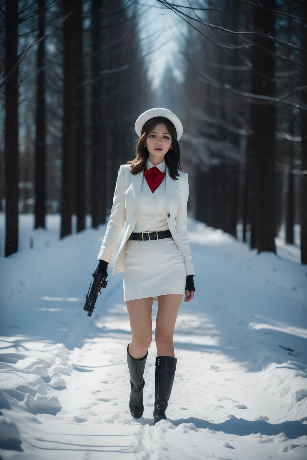 ((Masterpiece:1.2, Best quality)),Movie,dynamicposes,Cinema lenses,A blonde German girl ,Black gloves,Red lips, Pretty face, White hat, White suit suit short skirt, 188cm height, slim build, Full chest,,Exposing thighs, Shoot at a low angle with a rifle in the snow, (((Take part in winter battles))). Shot in cinematic style, The scene included several women in white armed with rifles on the front line. The images were taken in an otherworldly fantasy world. The color temperature is cool,Slightly bluish tint, Convey a feeling of indifference and tension. The lighting is dramatic,There are harsh shadows and highlights, Highlight the woman's fierce expression. Shot with a Sony A7R IV camera,The aperture is f/2.8, ISO 1600, a shutter speed of 1/200th of a second. UHD dtm HDR 8k.