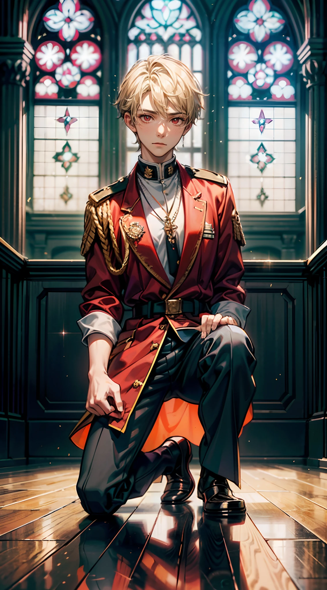 ((masutepiece: 1.4, Best Quality)), ((masutepiece, Best Quality)), 20-year-old boy with short blonde hair and red eyes in military uniform and pants, Delicate hair, (Put one hand on your chest:1.2), (light Particle: 1.2), (Sunlight streaming through the window), Bright atmosphere, (Get down on one knee on the floor:1.2)、background is church