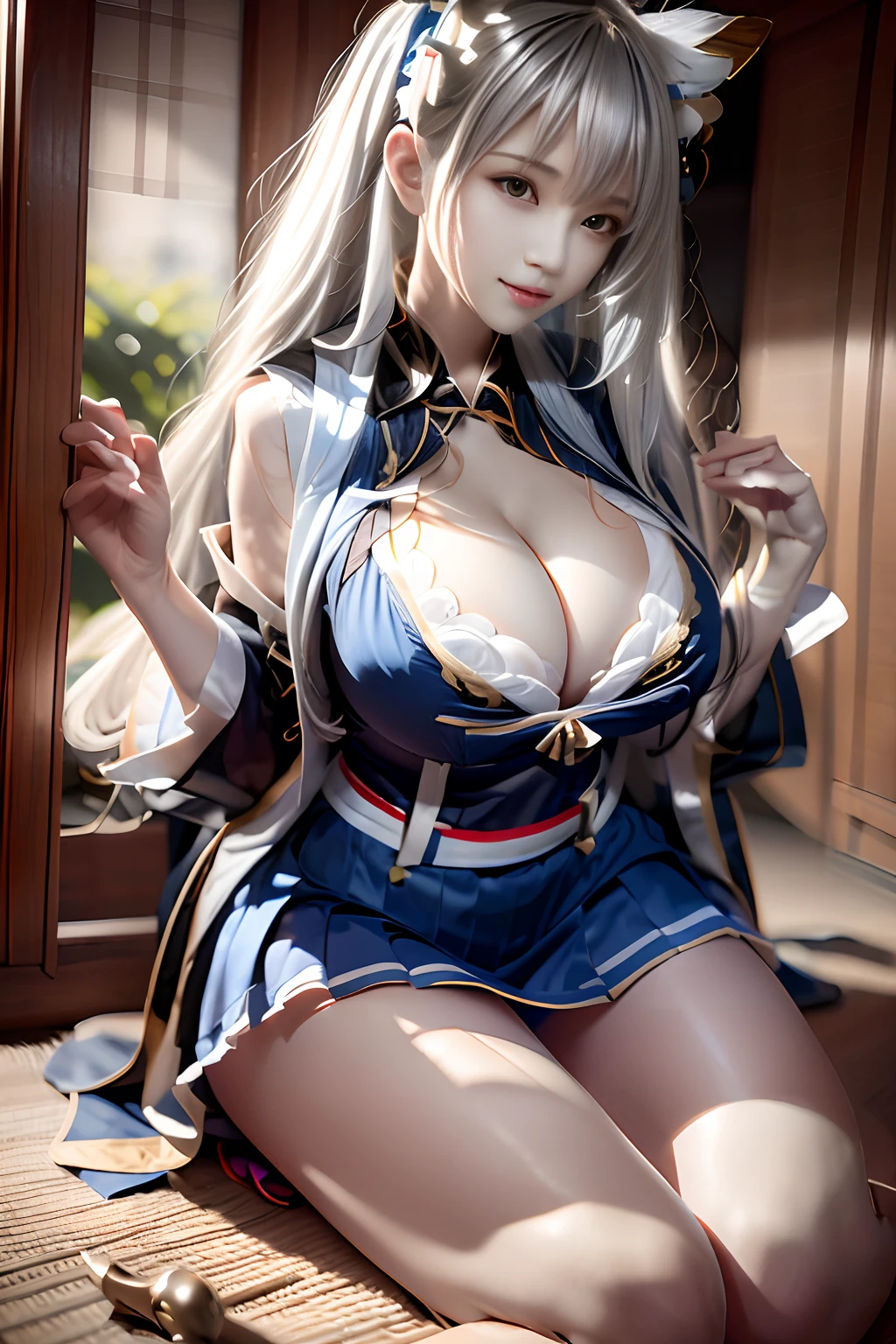 Azure lane Waifu Regensburg, long blue hair with bangs,  Large breasts, cleavage, Perfect composition, perfect Waifu, Sexy, A charming, ((Best Quality)), ((masutepiece)), (Detailed:1.4), 3D, an image of a beautiful girl, Wet shirt, Sweaters, dress shirt unbuttoned, massive cleavage, exposed breast, focus on chest, kneeling in front of her teacher, submissive, Slave Collar, makeup, lip stick, blush, Exotic, Asian and Spanish, nffsw (High dynamic range),Ray tracing,NVIDIA RTX,Hyper-Resolution,Unreal 5,Subsurface scattering,PBR Texturing,Post-processing,Anisotropy Filtering,depth of fields,Maximum clarity and sharpness,multi-layer texture,Albedo and specular maps,Surface Shading,accurate simulation of light and material interactions,Perfect proportions,Octane Render,Two-tone lighting,Wide aperture,Low ISO,White Balance,thirds rule,8K Raw,