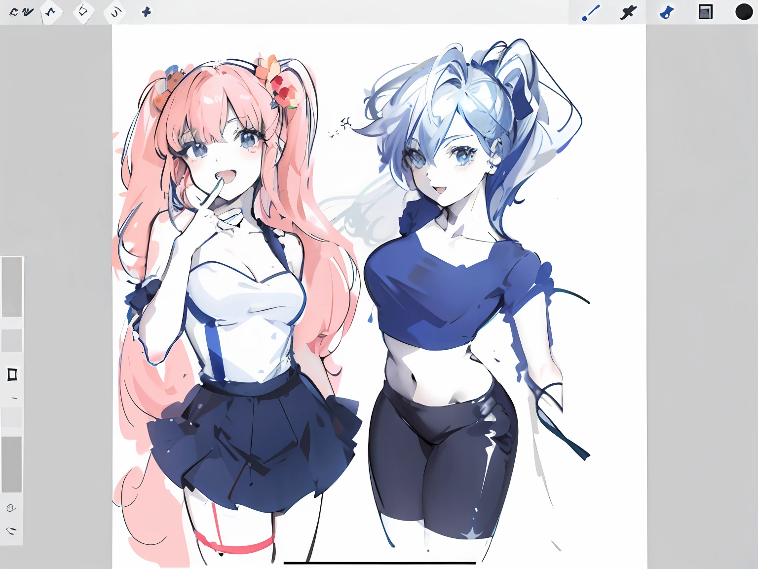 Sketch of two women dressed in blue and white, A red-haired, jazza and rossdraws, flat anime style shading, in the art style of 8 0 s anime, ig studios anime style, drawn in anime painter studio, semirealistic anime style, Anime art style, anime realism style, In anime style, peach and goma style, in an anime style